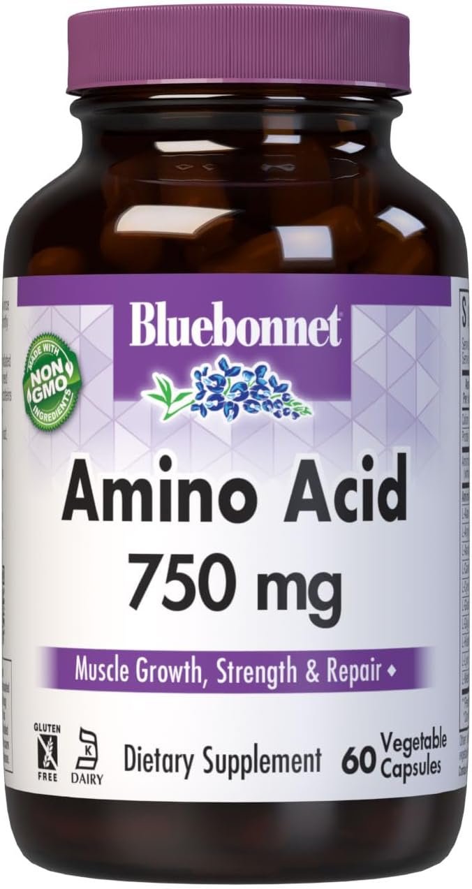 Bluebonnet Nutrition Amino Acid 750mg, High Potency, for Muscle Health*, Soy-Free, Gluten-Free, Non-GMO, Kosher Dairy, White 60 Vegetable Capsules, 15 Servings - Image 2