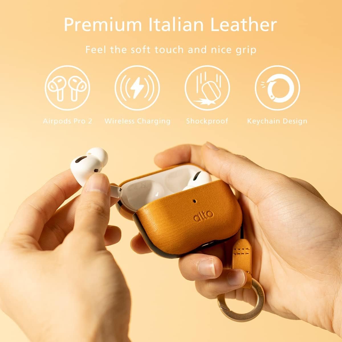 Alto Case for AirPods Pro 2 with Keychain, Italian Leather Case Cover Compatible AirPods Pro 2nd Generation 2022 Women Men Protective Hard Shell Supports Wireless Charging Front LED Visible (Brown) - Image 3