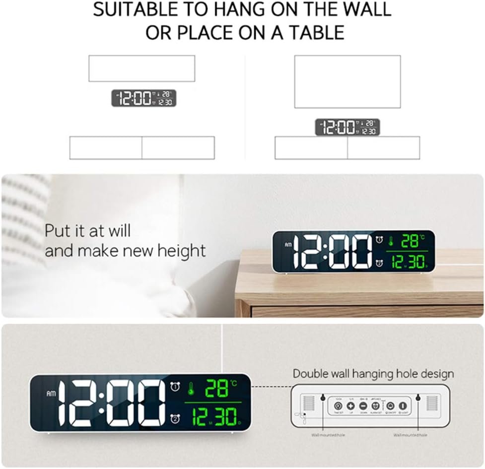 Digital Large Display Alarm Clock for Living Room Office Bedroom Decor LED Electronic Date Temp Display Wall Electric Clocks Automatic Brightness Dimmer Smart Cool Modern Desk Accessories Black - Image 8
