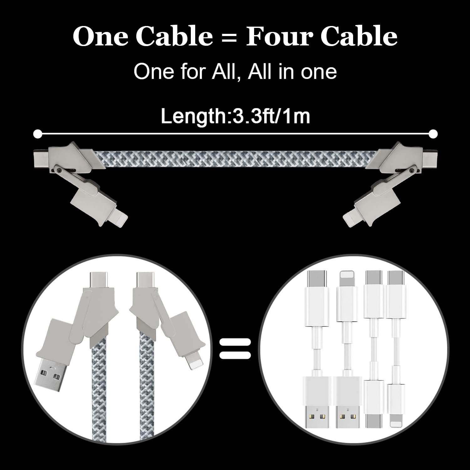 Adhiper 4 in 1 USB C Charging Cable,60W/3A 3.3FT Fast Charging Cable,Multi Charger Cord for Samsung Galaxy S23/S22/S21 & iPhone 15/14/13 Series,Multi Cable for Lighting/USB C/USB A(Light Gray) - Image 5