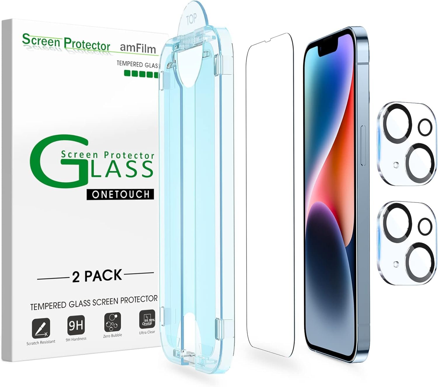 amFiIm 2 Pack Tempered Glass Screen Protector + Camera Lens Protector for iPhone 14 6.1", Easy OneTouch Installation, Auto-Alignment, Bubble Free Case Friendly, Anti-Scratch - Image 2
