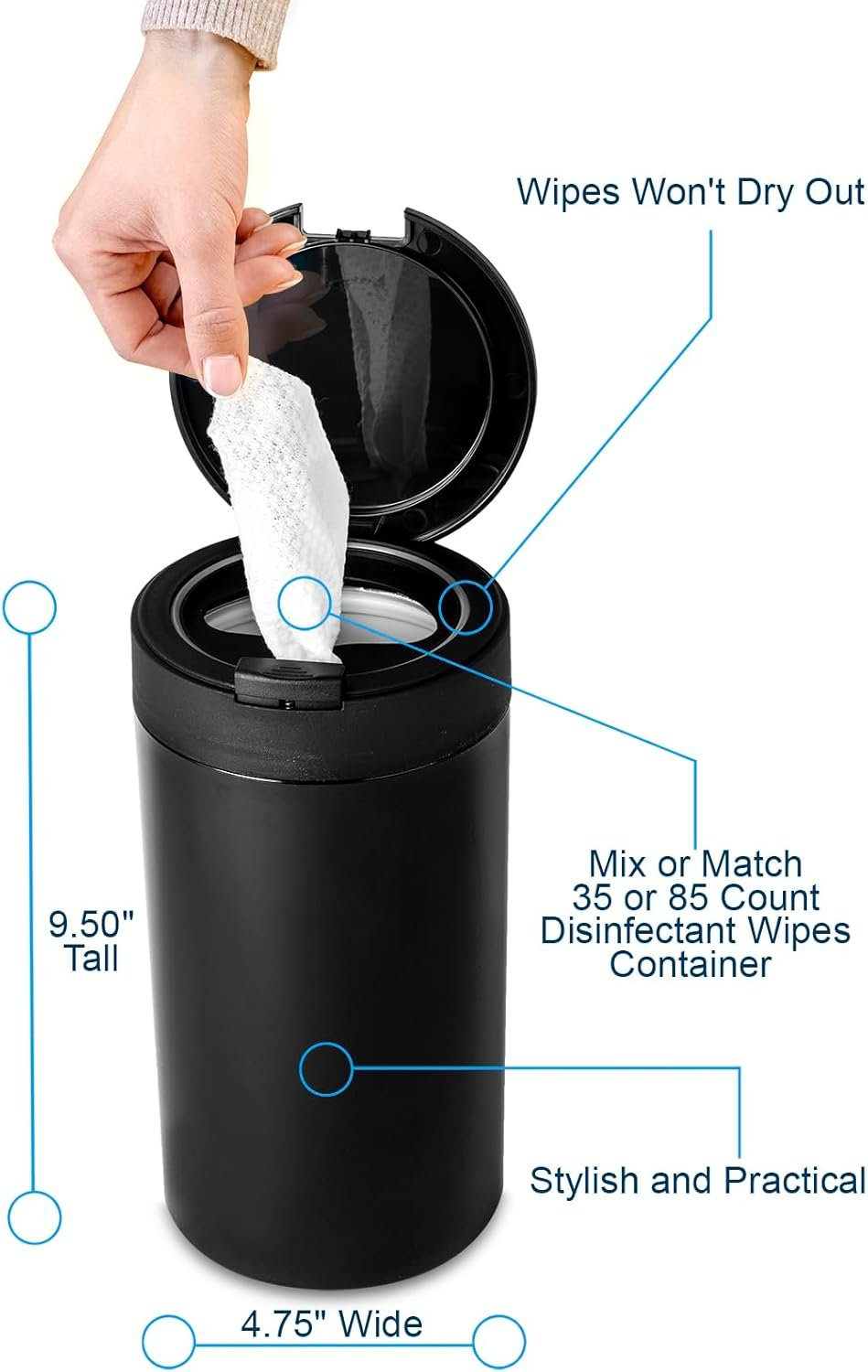 Disinfecting Wipes Dispenser - Push Button Decorative Holder for Standard Cleaning Wipes Container, Use in Kitchen Countertop, Bathroom, Classroom (Black) - Image 3