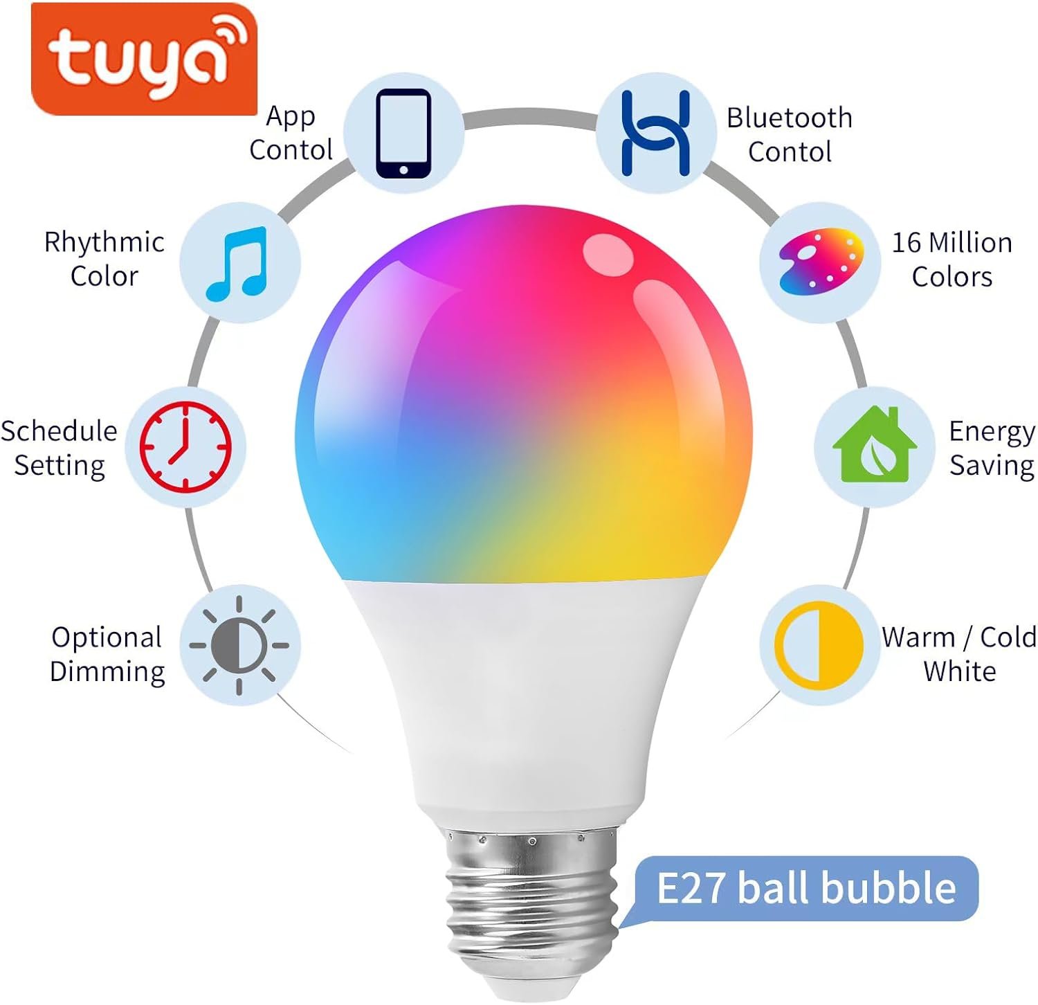 Smart Light Bulbs,Bluetooth Color Changing Light Bulbs That Work with tuya APP, RGB Warm Light A19 9W E27 800LM LED Light Bulb,Music Sync,Dimmable 16 Million Colours RGB Light Bulbs - Image 3