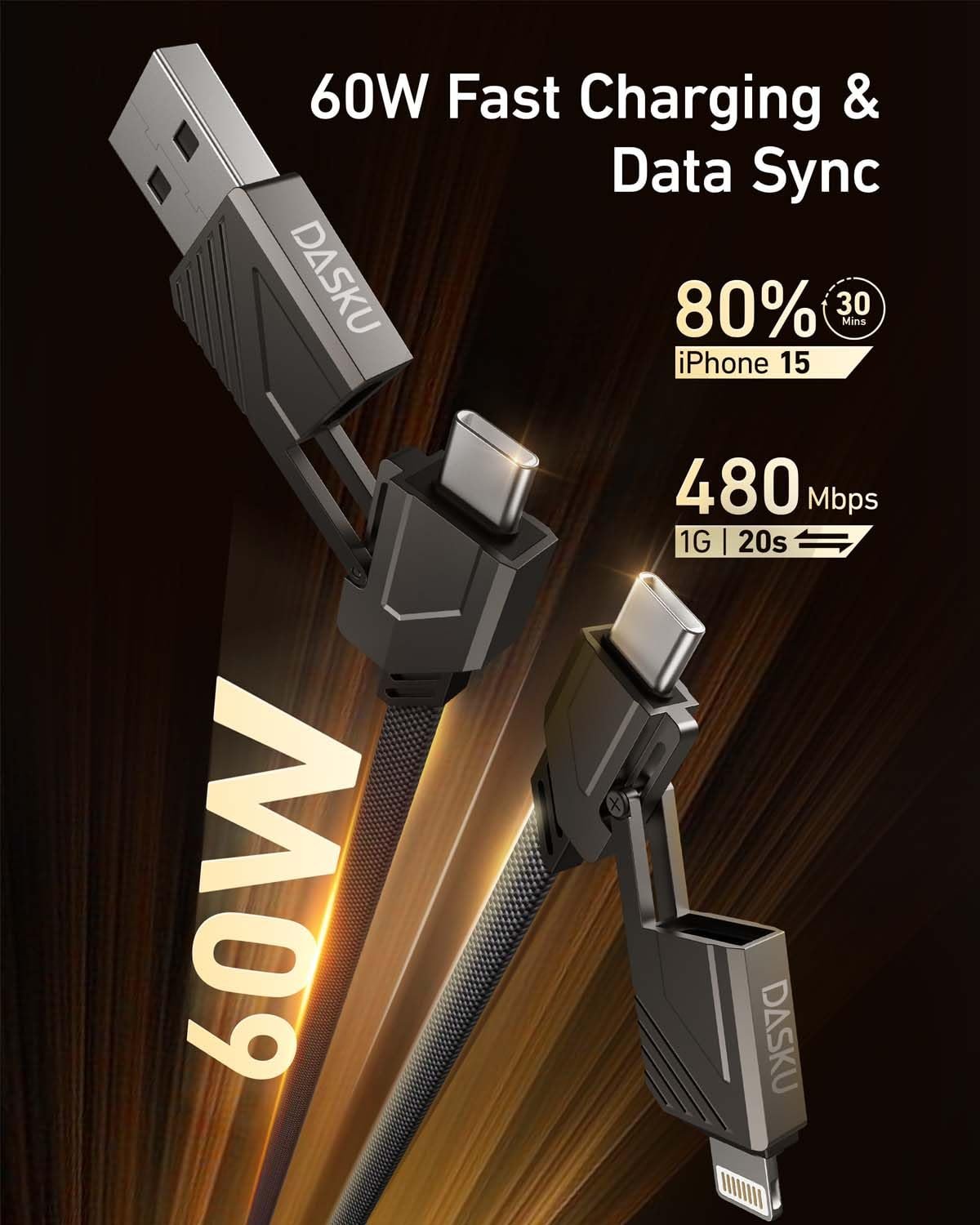 4-in-1 USB/USB C to Lightning/USB C Cable 6ft, 60W Fast Charging & Data Sync, iPhone Charger Cord for iPhone 15 14 13 12 11 Samsung S24 S23 S22 Multi Charging Cable for USB-C & Lightning Devices - Image 4