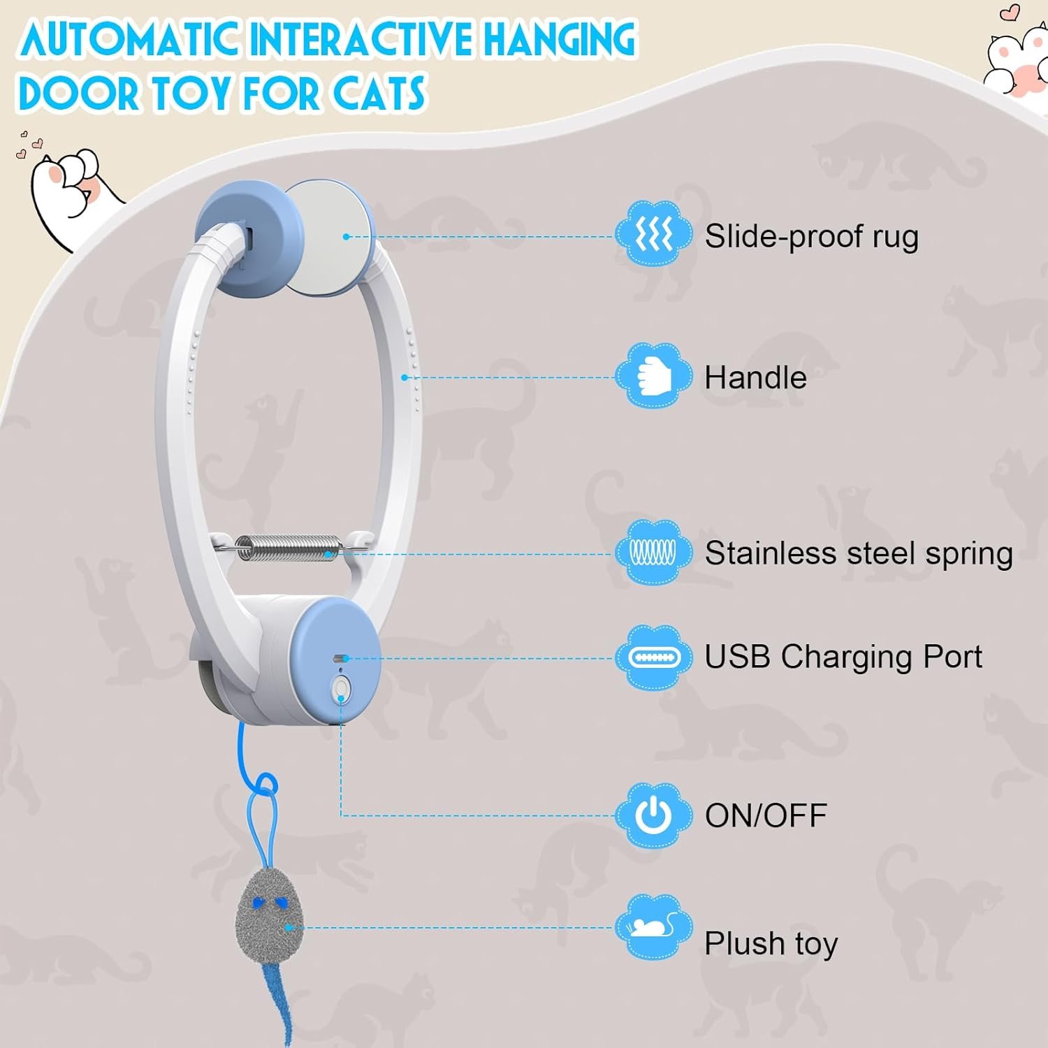 Cat Toy Interactive for Indoor Cats, Smart USB Rechargeable Door Hanging Automatic Retractable Kitten Toys, Teaser Electronic Self Play Feather Cat String Toys Attached with 3 Catnip Mice White - Image 7