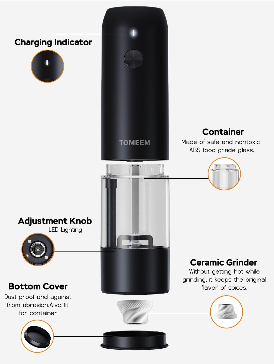 Upgraded Larger Capacity: Electric Salt and Pepper Grinder Set Rechargeable with LED lights - Stainless Steel Automatic Pepper and Salt Grinder Refillable with 6 Adjustable Coarseness - Image 9