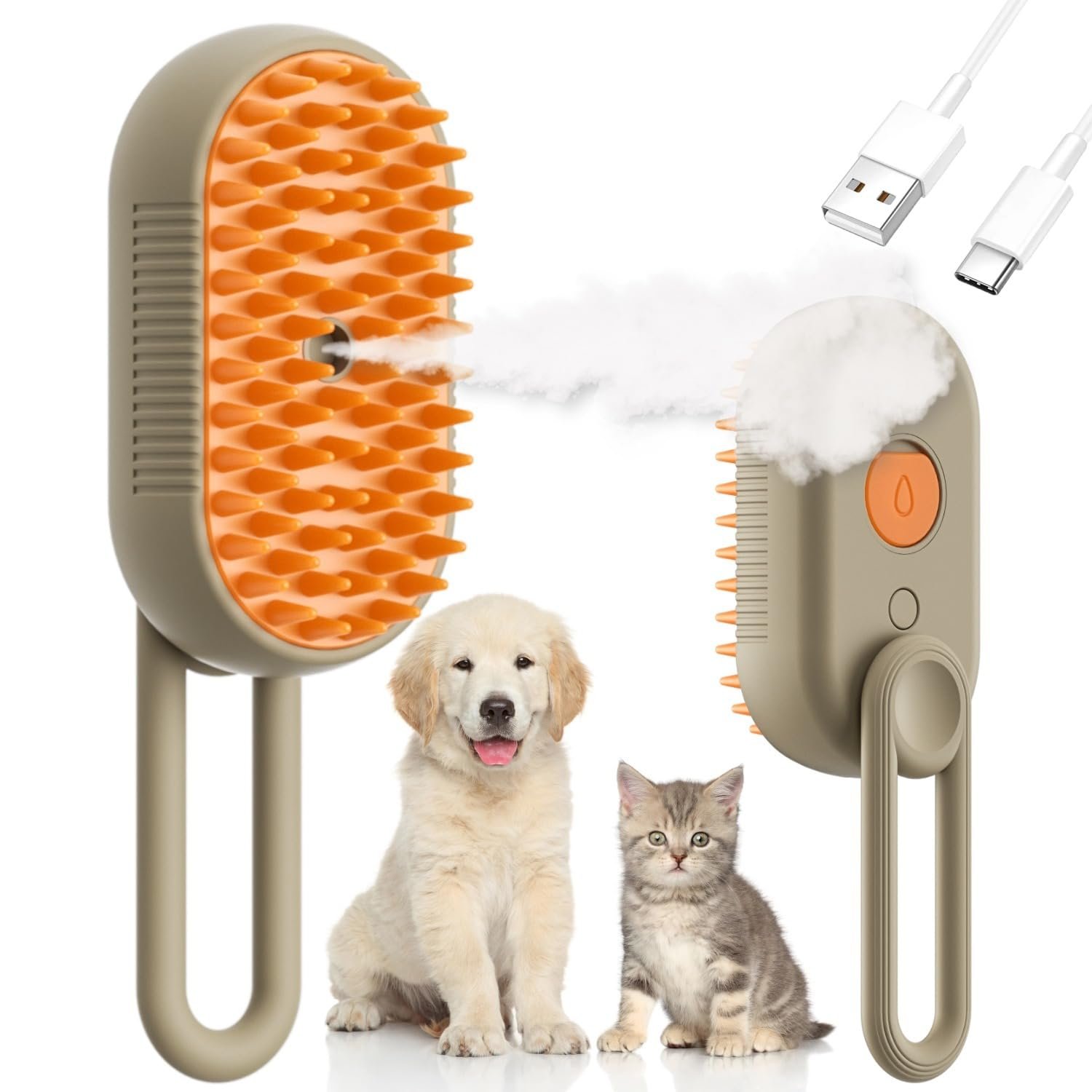Steam Cat Cordless 3-in-1 Silicone Massaging Grooming Brush With Built-in Lithium Battery, Removes Static and Flying Pet Hair for Cats and Dogs (Beige) - Image 2