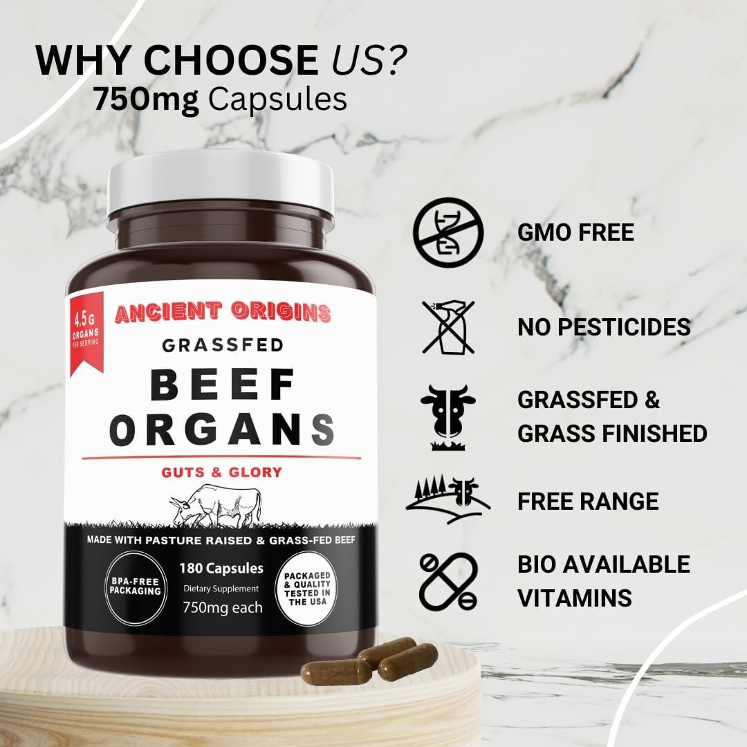 Ancient Origins Grass Fed Beef Organs Supplement 4500mg - Desiccated Liver, Bone Marrow, Heart, Spleen, Pancreas & Kidney, Non-GMO, Gluten Free, Undefatted (180 Capsules, 750mg Each) - Image 7