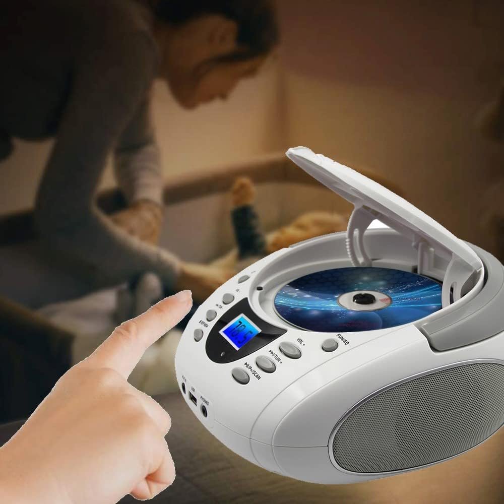 LONPOO CD Player Portable Boombox with FM Radio/USB/Bluetooth/AUX Input and Earphone Jack Output, Stereo Sound Speaker & Audio Player,White - Image 3