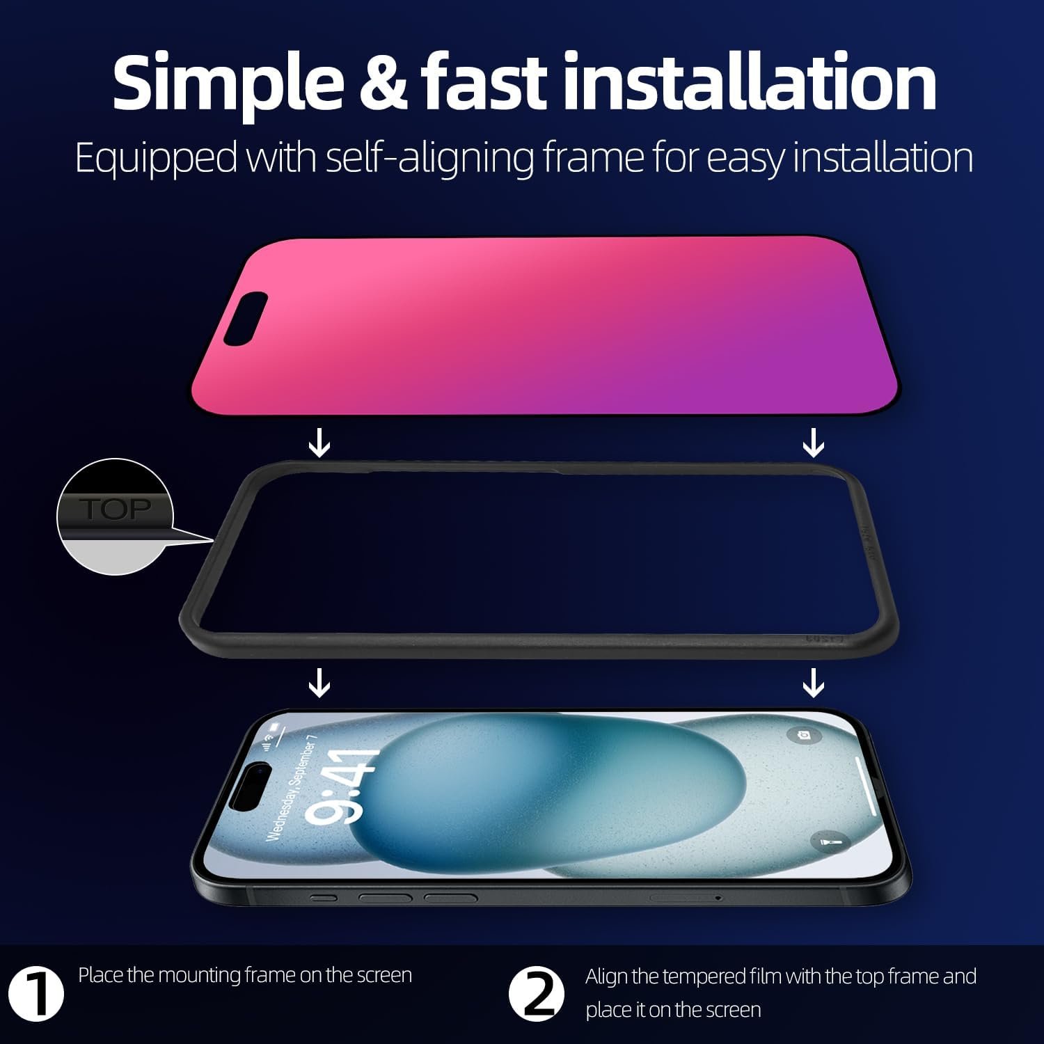 2 Pcs Dazzling Gradient Colorful Anti-Spy Tempered Glass Screen Protector Compatible with iPhone 15 pro max, Electroplated Anti-Blue Light, HD Anti-scratch Privacy Protection, 6.7 inch with Aid Frame - Image 8