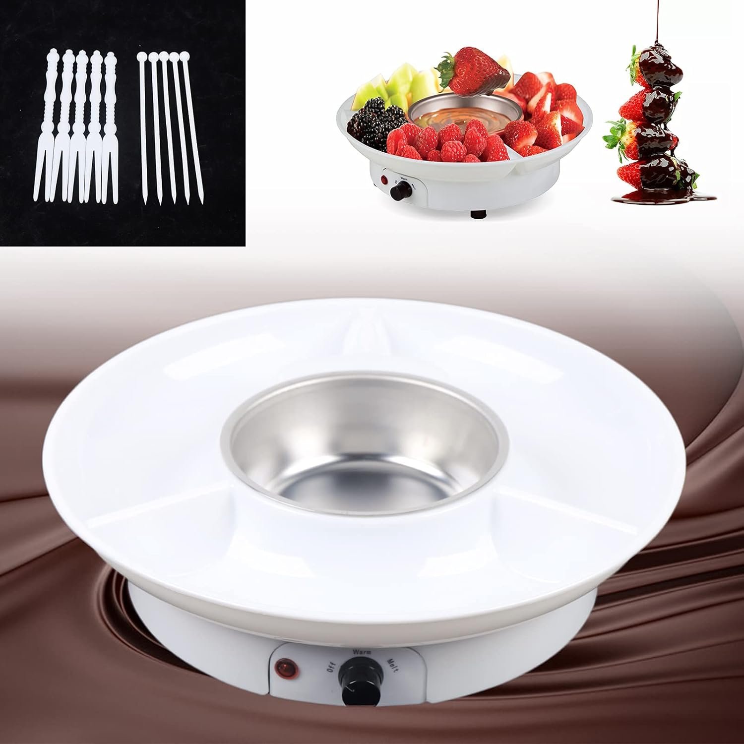 Chocolate Melting Warming Fondue Pot, 110V 25W Electric Fondue Maker Deluxe Gift Set w/10 Forks, 8.8 Oz Fondue Fountain kit-2 Modes Perfect for Melting Chocolate, Butter & Cheese - Parties & Dessert - Image 5