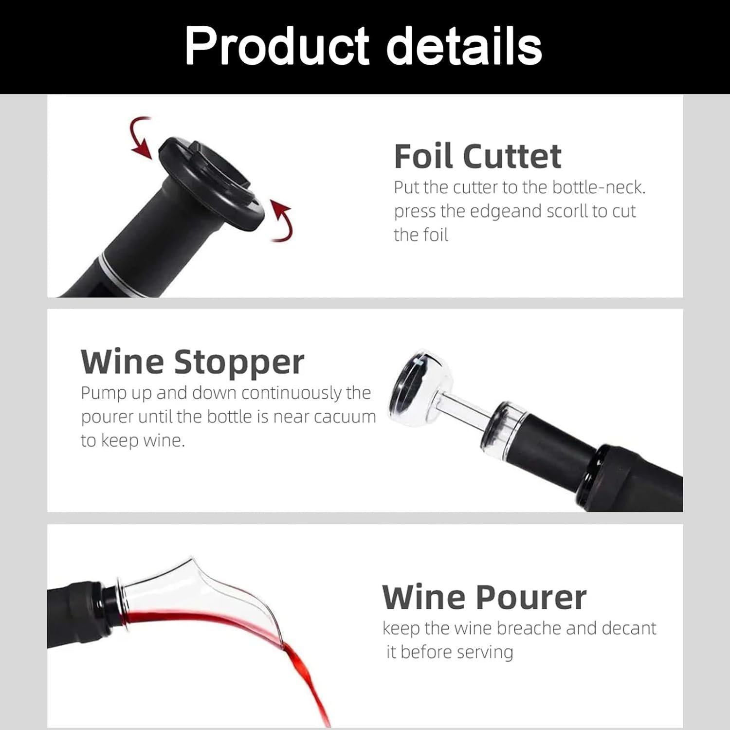 Electric Wine Opener Set - Automatic Corkscrew Opener with Foil Cutter, Pourer, and Vacuum Stoppers - Battery Operated - 4-in-1 Wine Accessories Kit-for Wine Lovers - Image 7