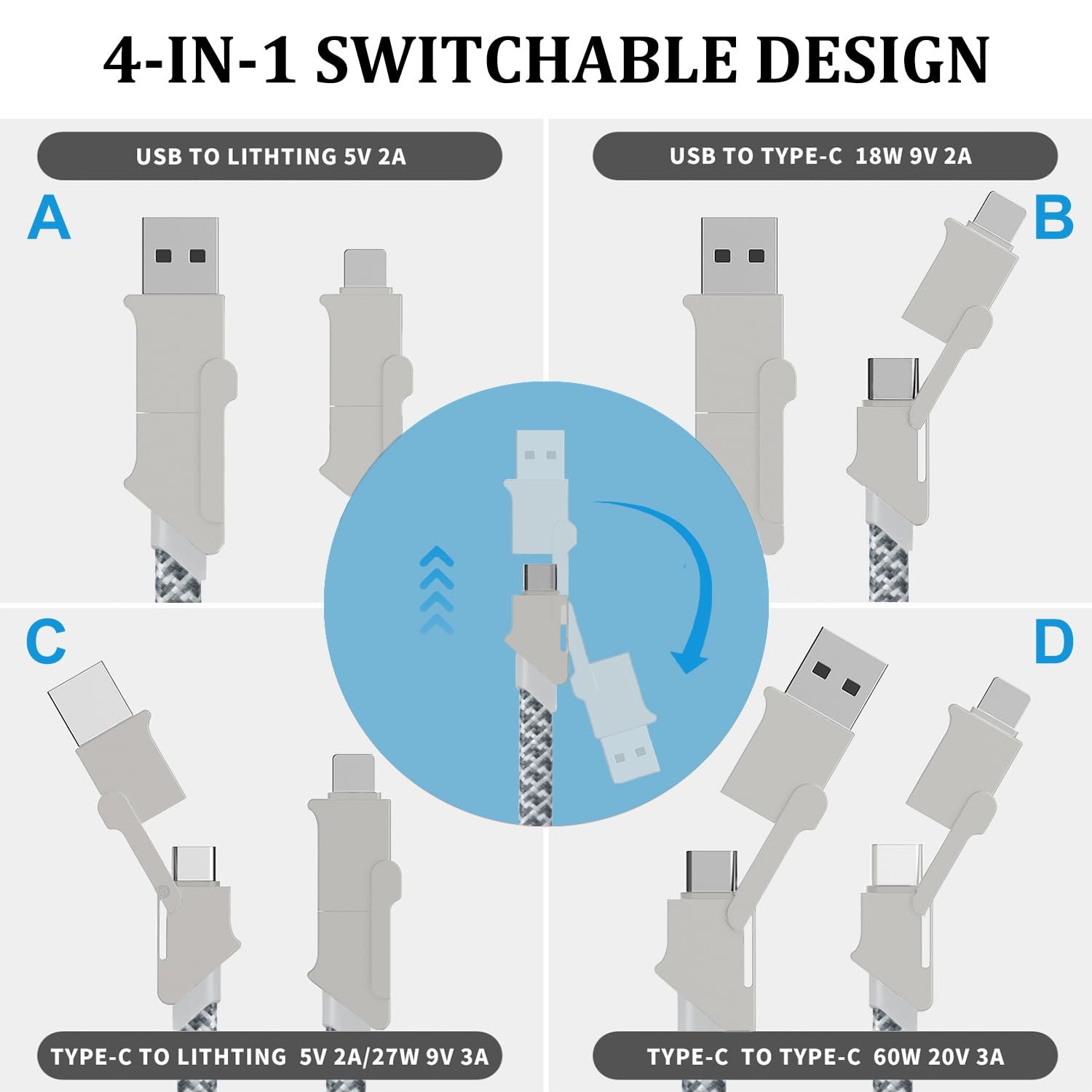 Adhiper 4 in 1 USB C Charging Cable,60W/3A 3.3FT Fast Charging Cable,Multi Charger Cord for Samsung Galaxy S23/S22/S21 & iPhone 15/14/13 Series,Multi Cable for Lighting/USB C/USB A(Light Gray) - Image 4