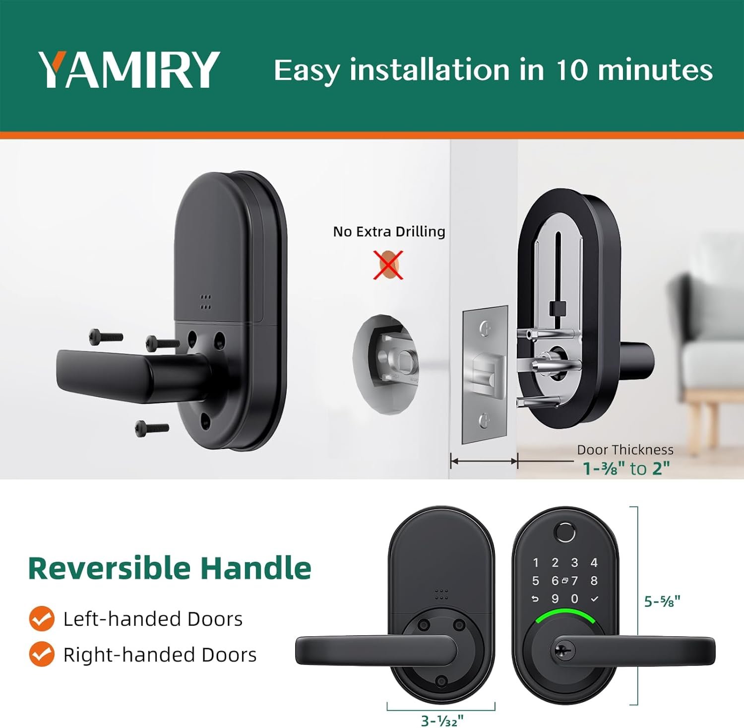 Smart Door Handle Lock with Keypad:Yamiry Fingerprint Lock - Keyless Entry Door Lock for Front Door - Digital Door Lock - WiFi Door Lock with APP - Genarate Passcode Remotely - DIY Installation - Image 6