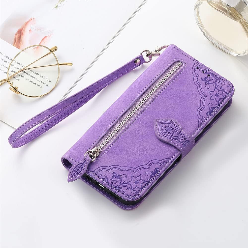 for Samsung Galaxy A14 Case Wallet,A14 Wallet Case for Women,Embossed PU Leather Protective Cover Magnetic Strap Zipper Card Holder Flip Phone Case for Samsung A14 5G(2023) (Purple) - Image 8