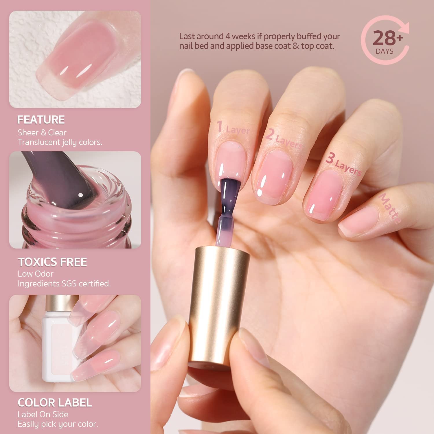 GAOY Jelly Nude Pink Gel Nail Polish Set of 6 Transparent Colors Sheer Gel Polish Kit - Image 6