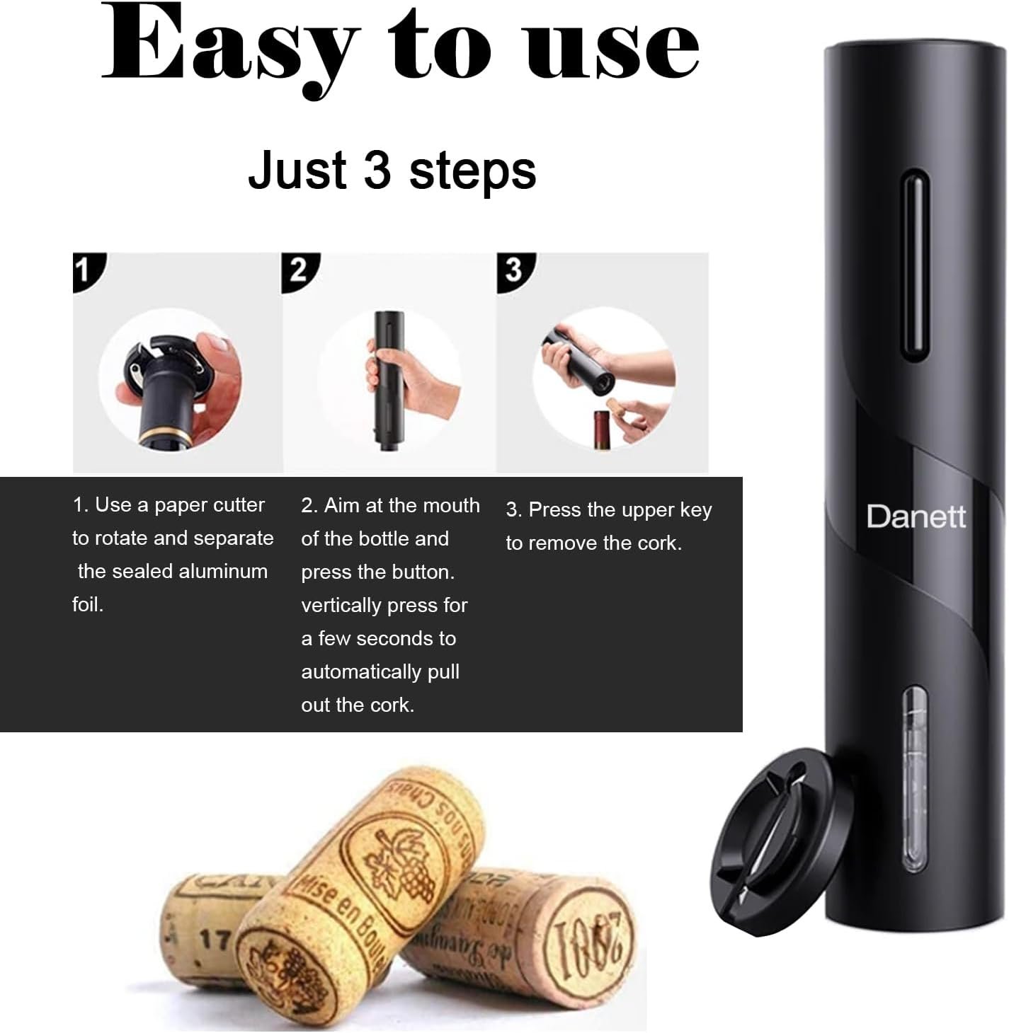Electric Wine Opener Set - Automatic Corkscrew Opener with Foil Cutter, Pourer, and Vacuum Stoppers - Battery Operated - 4-in-1 Wine Accessories Kit-for Wine Lovers - Image 10