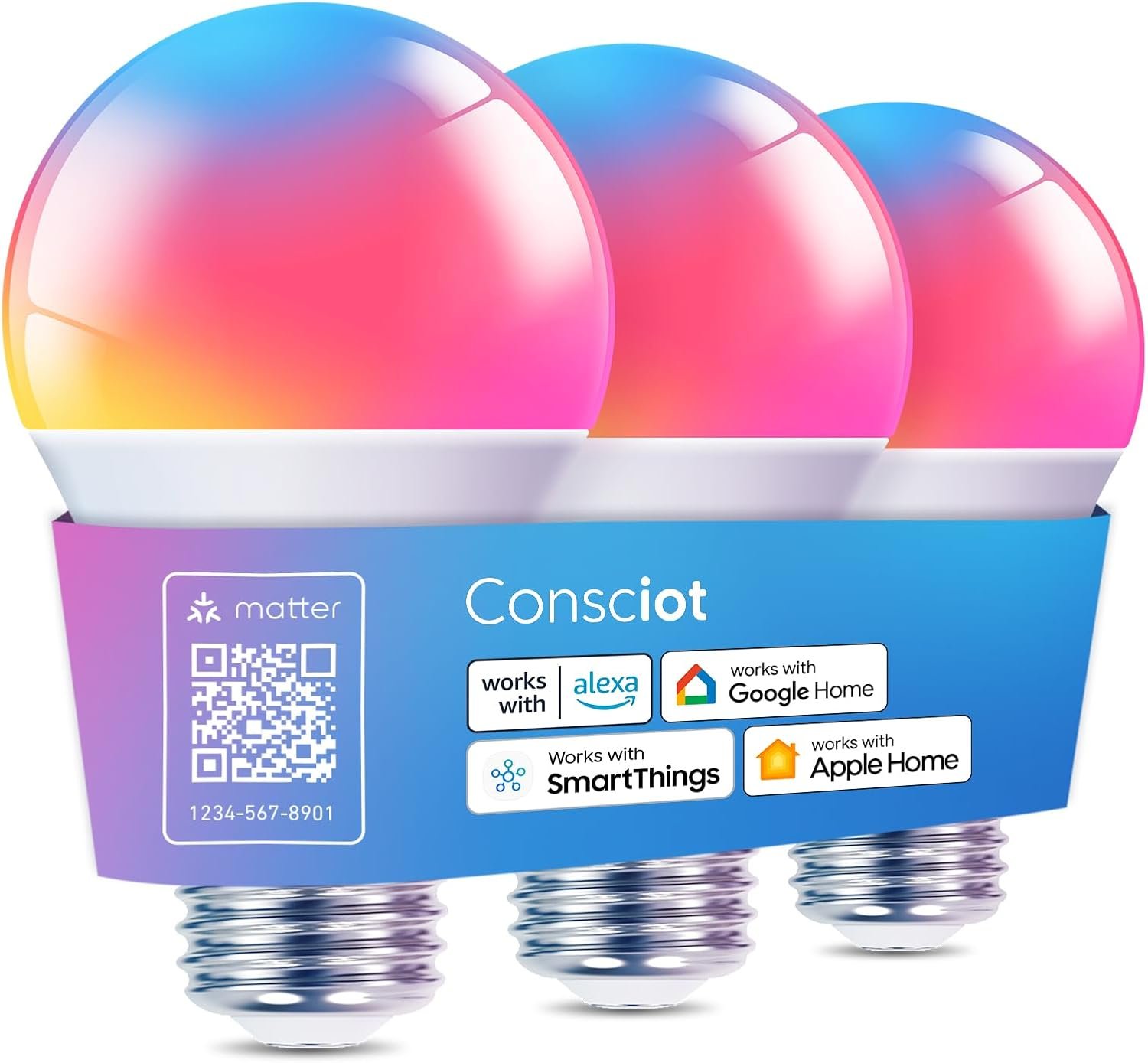 Consciot Smart Light Bulbs, WiFi Bluetooth Color Changing LED Light Bulb, Music Sync, 60W Equivalent Smart Bulb, A19 E26 RGBTW Light Bulbs That Works with Alexa/Google Home/Apple Home/Siri, 3 Pack - Image 2