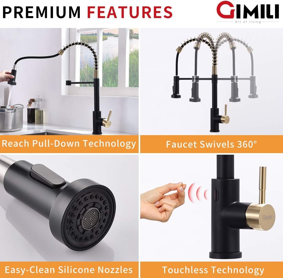 GIMILI Black and Gold Touchless Kitchen Faucet with Pull Down Sprayer, Motion Sensor Smart Hands-Free Activated Single Hole Spring Faucet for Kitchen Sink, Matte Black&Brushed Gold - Image 8