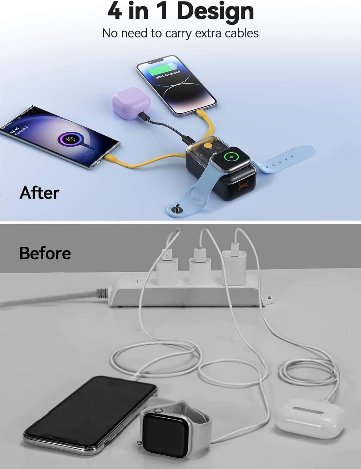 NEWDERY for Apple Watch Charger, 10000mAh Portable Charger Power Bank Built-in Cables, USB C Fast Charging External Battery Pack with LED Display for iPhone 16/15/14/13/12/iWatch/Airpods/Galaxy Phones - Image 9