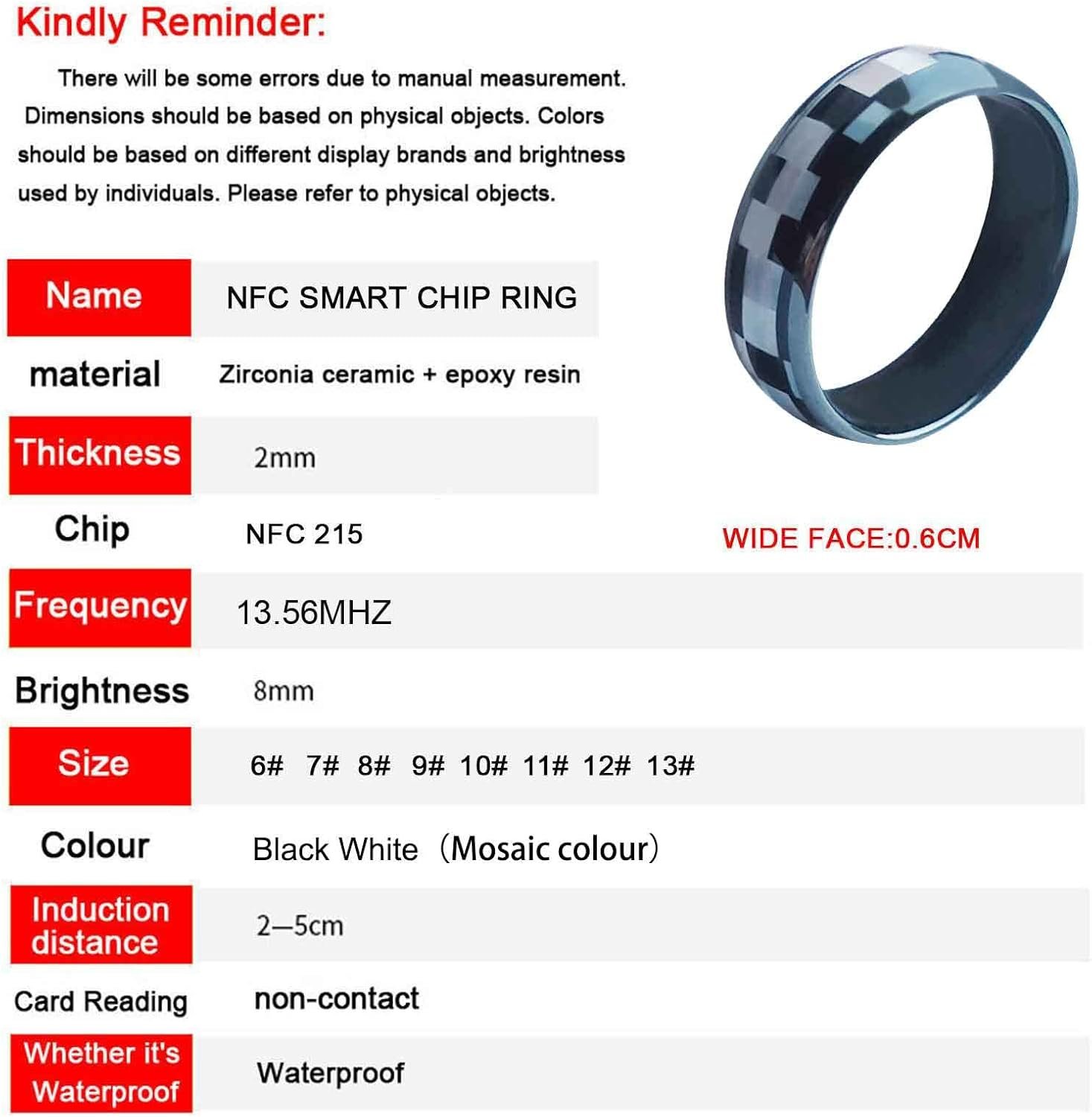 Mosaic NFC Forum Type 2 215 496 Bytes Chip Universal for Mobile Phone, All-Round Sensing Technology Wearable Smart Ring, Waterproof Ceramic Ring for Men or Women (NFC Ring Mosaic 17mm) - Image 4