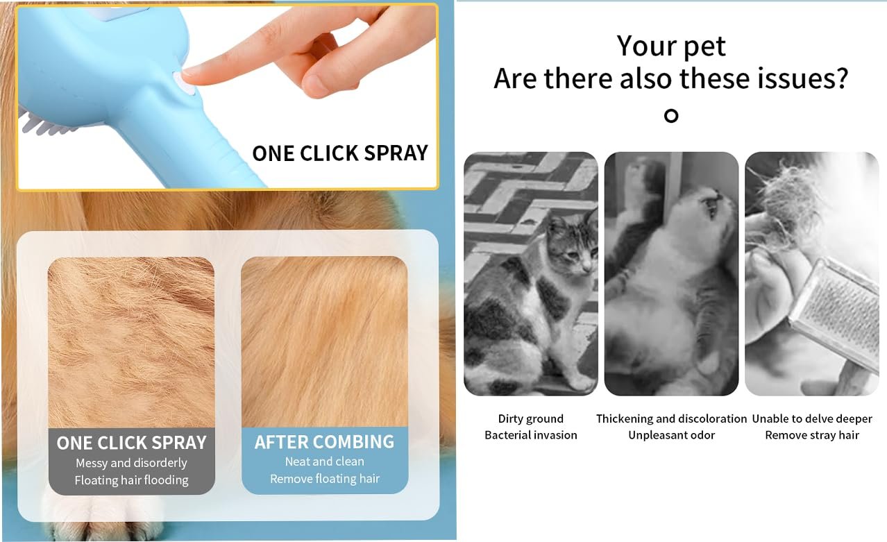 4 in 1 Steamy Pet Brush for Shedding - Rubber Misting Brush with Release Button for Long & Short Hair Cats and Dogs - Pet Grooming Tool (Blue) - Image 4