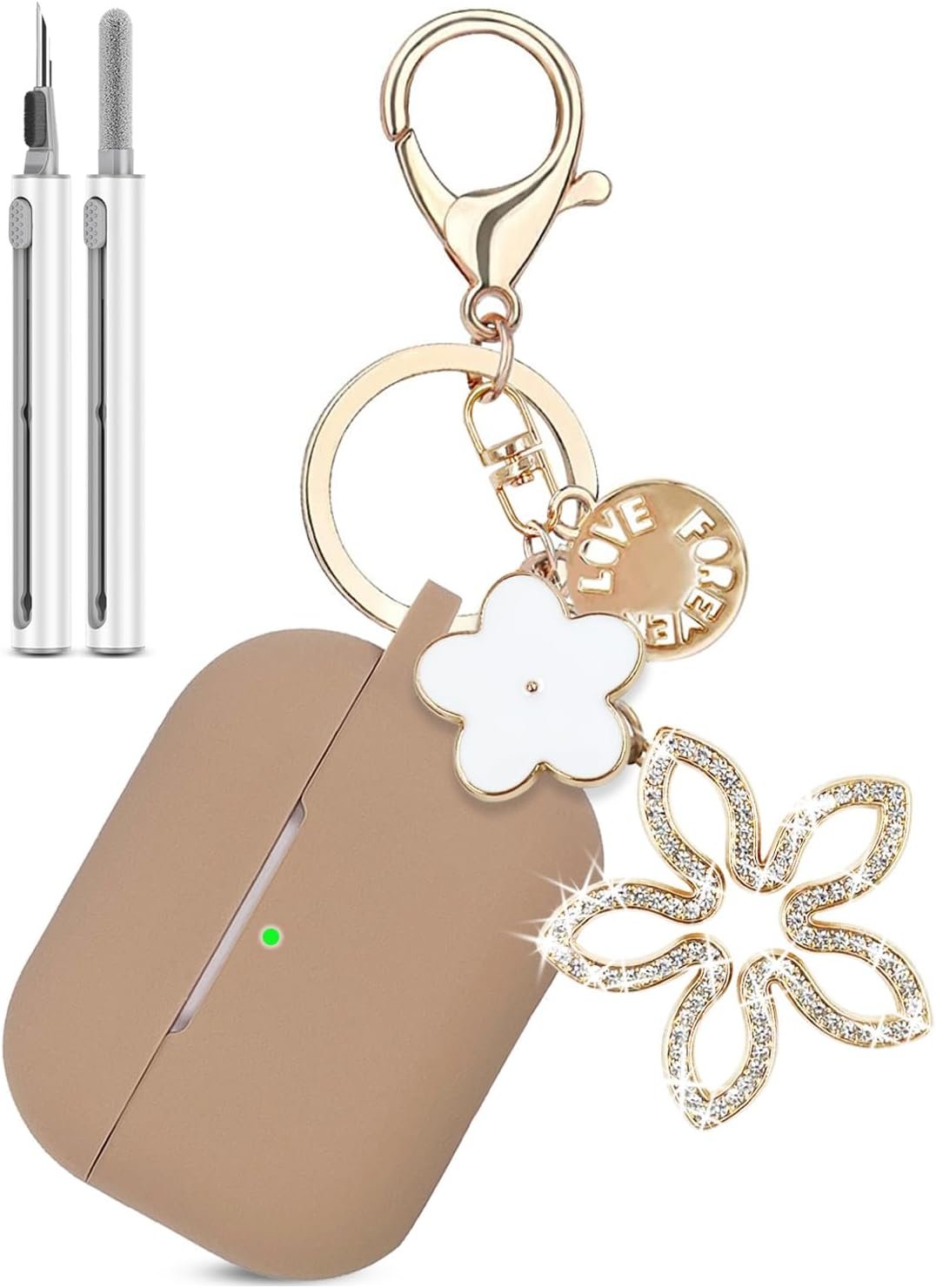 Compatible with AirPods Pro 2nd Generation Case with Cleaner Kit, Silicone Protective Case for Apple AirPod Pro 2nd/1st Earbuds Wireless Charging Cases with Girl Bling Keychain (Milk Tea) - Image 2
