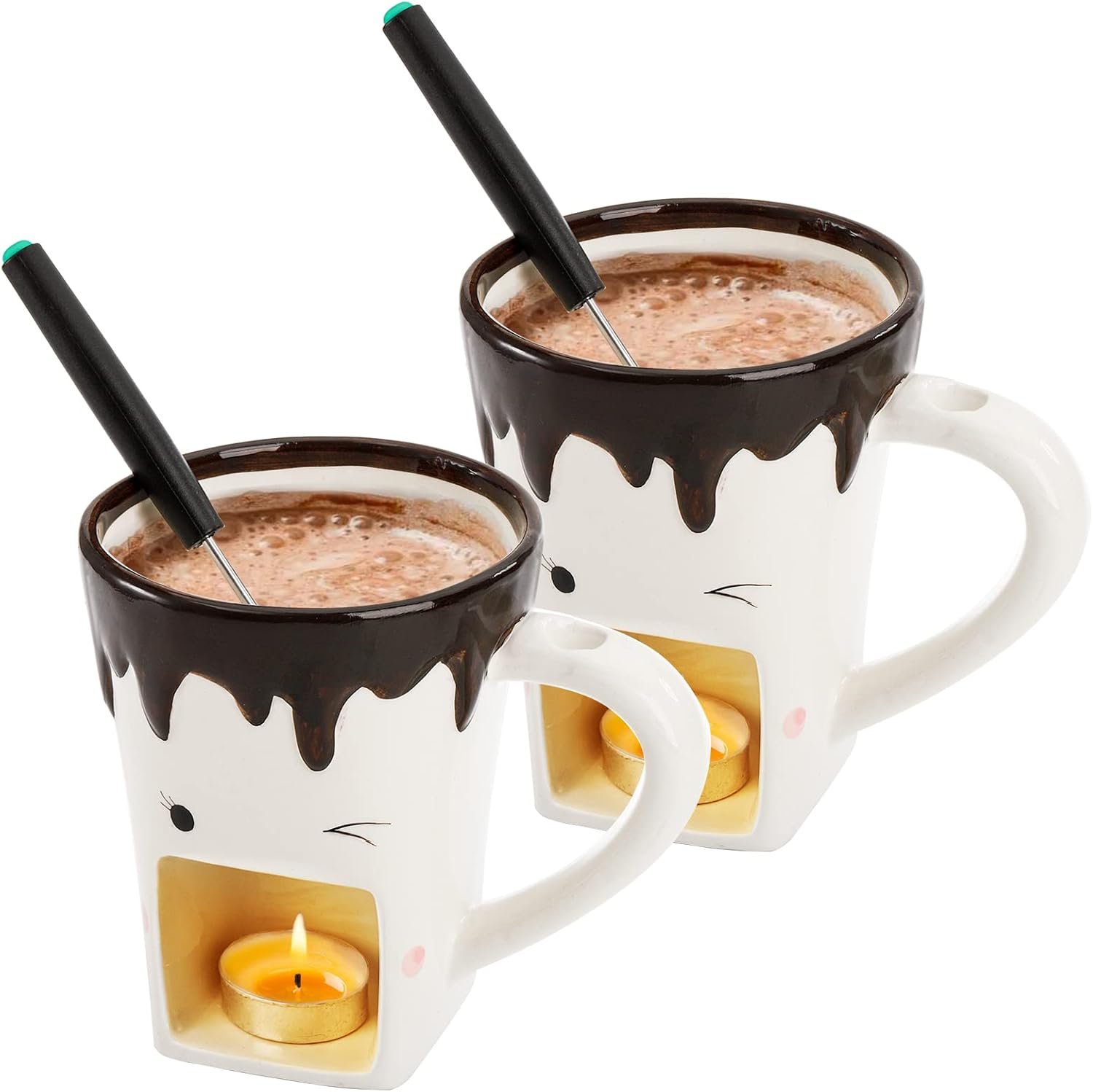 Dicunoy Set of 2 Fondue Mugs with Forks, Ceramic Personal Chocolate Melting Cup for Cheese, Individual Ceramic Butter Warmers Pot, Tealight Candle Mini Simmer Mug for Caramel, Tapas - Image 4