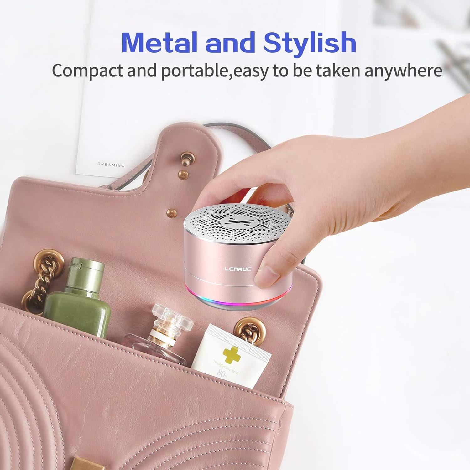 LENRUE A2 Portable Wireless Bluetooth Speaker with Lights and Lanyard,5W Mini Small Metal Speakers Bluetooth 5.0/Aux-in for iPhone Android Home Outdoor, Gifts for Women/Girls - Image 3