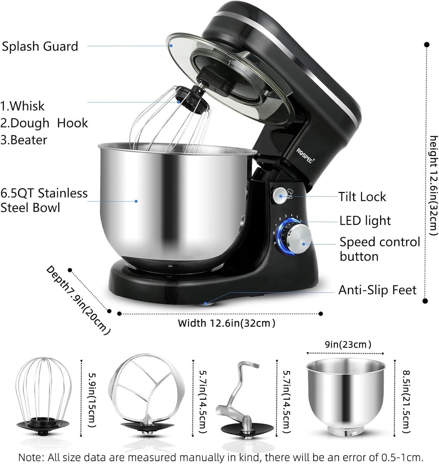 Stand Mixer,6.5-QT 660W 8-Speed Tilt-Head Food Mixer, Kitchen Electric Mixer with Dough Hook, Wire Whip & Beater (Black) - Image 3