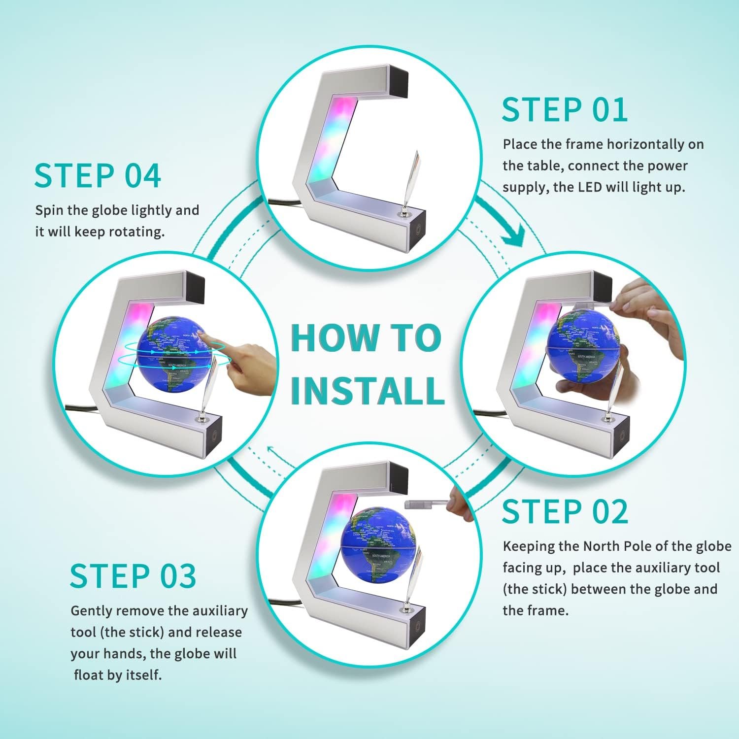 Flagest Magnetic Levitation Globe with LED Lights & Touch Control and Pen, Floating Globes for Educational Home Office Desk Bookshelf Decor, Birthday Anniversary Holiday Creative Item(3.3 Inches Globe) - Image 4