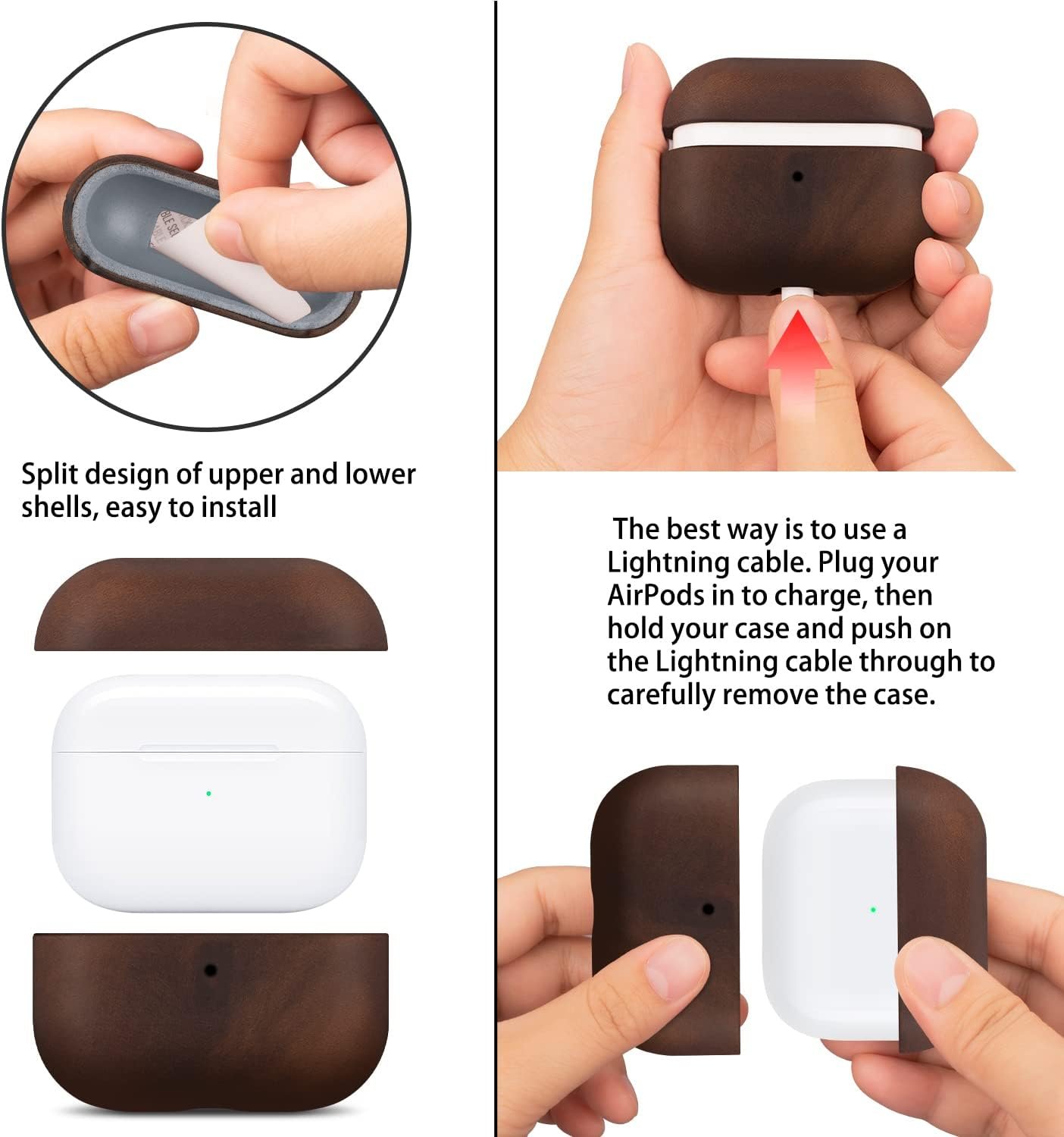 MAOGOAM for AirPods Pro 2nd Generation Leather Case Cover with Button, Genuine Oil Wax Crazy Horse Cowhide Leather Case for Airpods Pro 2, Indiana-Jones Style, The Front LED Visible,Dark Brown - Image 5