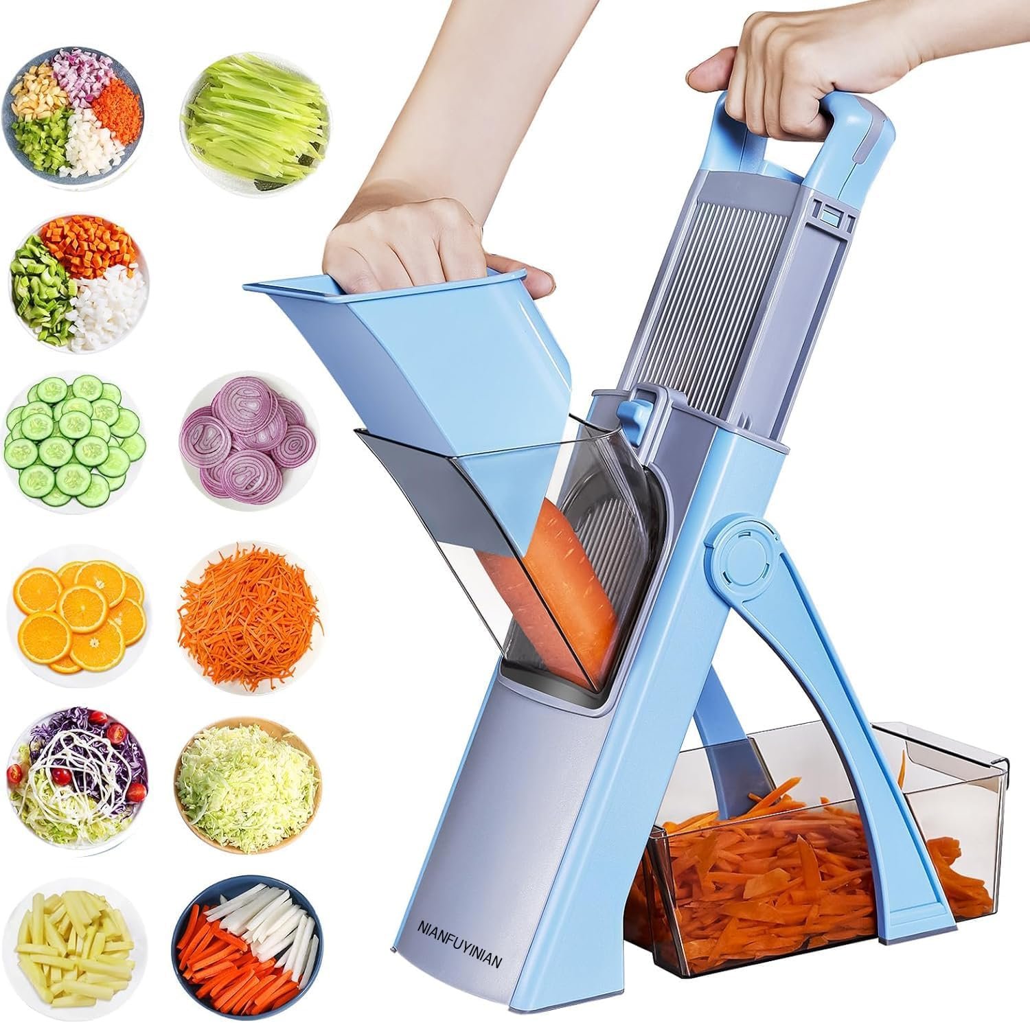 Safe Mandoline Slicer for Kitchen, Vegetable Food Chopper Potato Fries Cutter, Adjustable Thickness 0.1-8 mm, Kitchen Chopping Artifact Fast Meal Prep, 5 in 1 (Blue), Medium, A00001 - Image 2