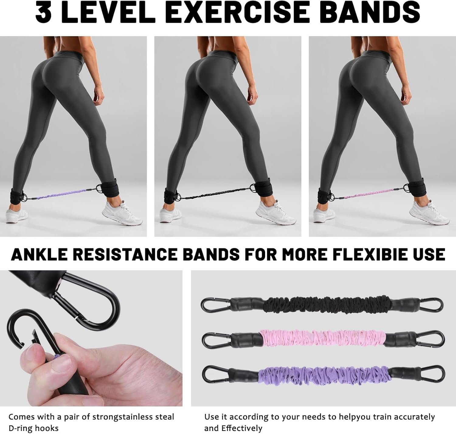 Ankle Resistance Bands with Cuffs, 3 Level Exercise Bands Workout Bands for Women, Resistance Bands for Leg Butt Training, Workout Equipment for Kickbacks Hip Gluteus Training Exercises - Image 5