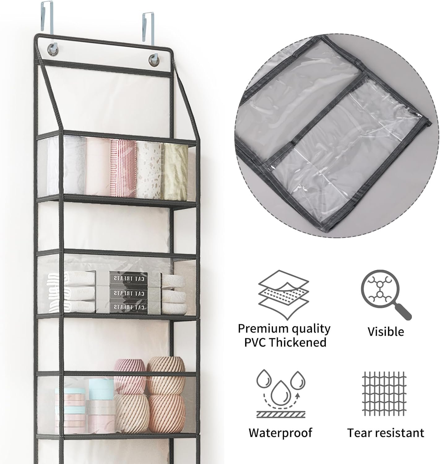Fixwal Over The Door Hanging Pantry Organizer 5-Shelf Room Organizer with Clear Plastic Pockets Behind The Door Storage Organizer Large Capacity Organizer for Closet Bedroom Bathroom (Grey) - Image 8