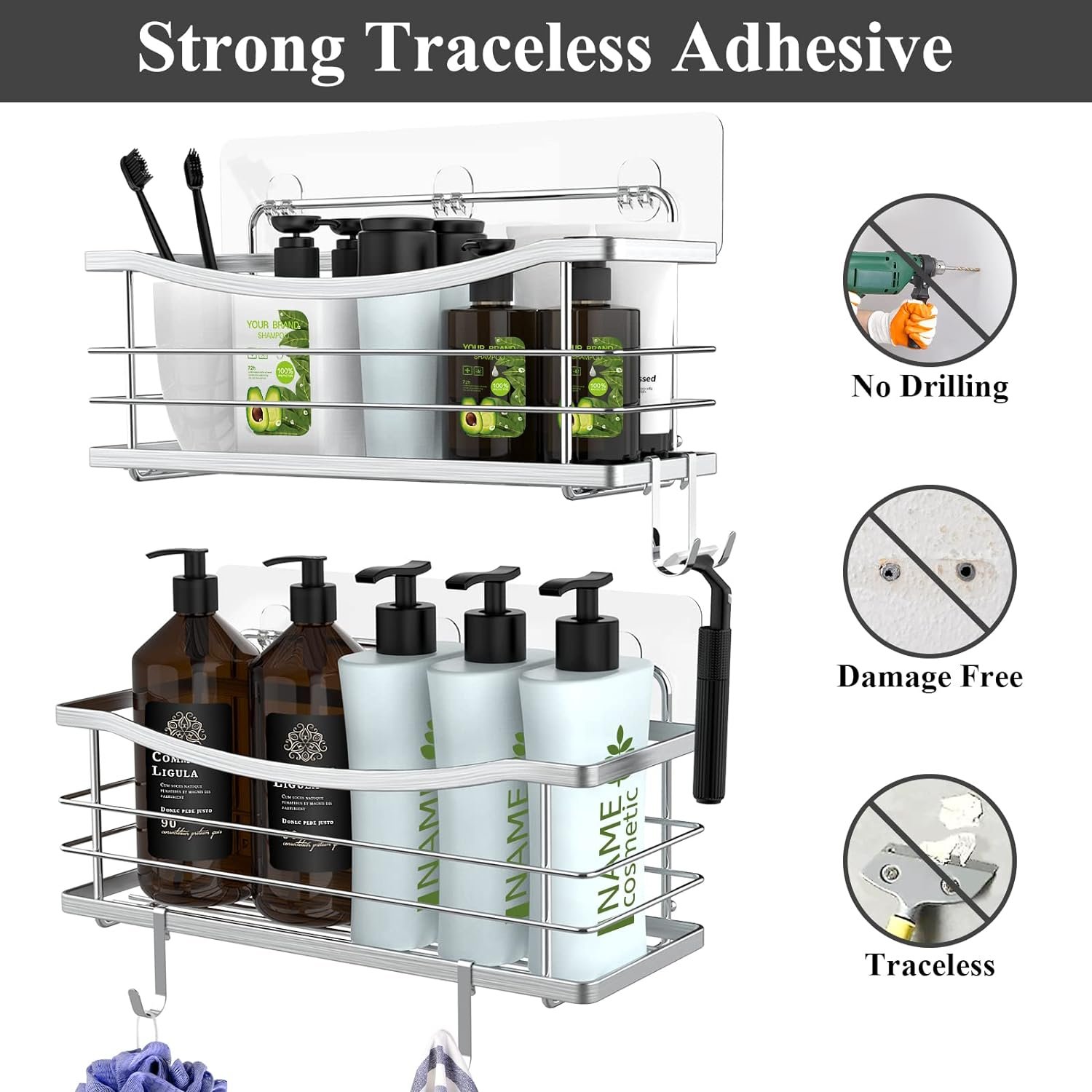 ODesign Shower Caddy 3 Pack-Shower Organizer Shelves Rack Rustproof SUS304 Stainless Steel for Bathroom Storage&Kitchen-No Drilling Adhesive Shower Caddy Shelf Dorm Room Essentials-Silver - Image 5