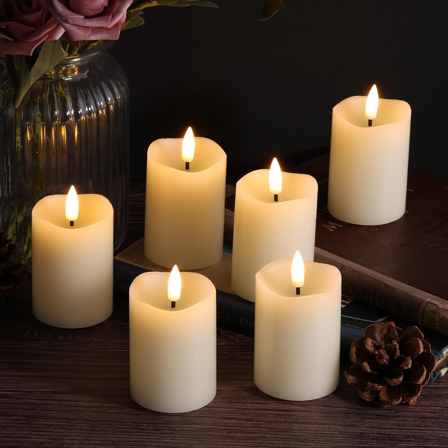 Eywamage Timer Flameless Votive Candles 2 inch x 3 inch , Flickering Small LED Pillar Candles Batteries Included, Ivory Christmas Home Decor 6 Pack with 5 hours timer - Image 10