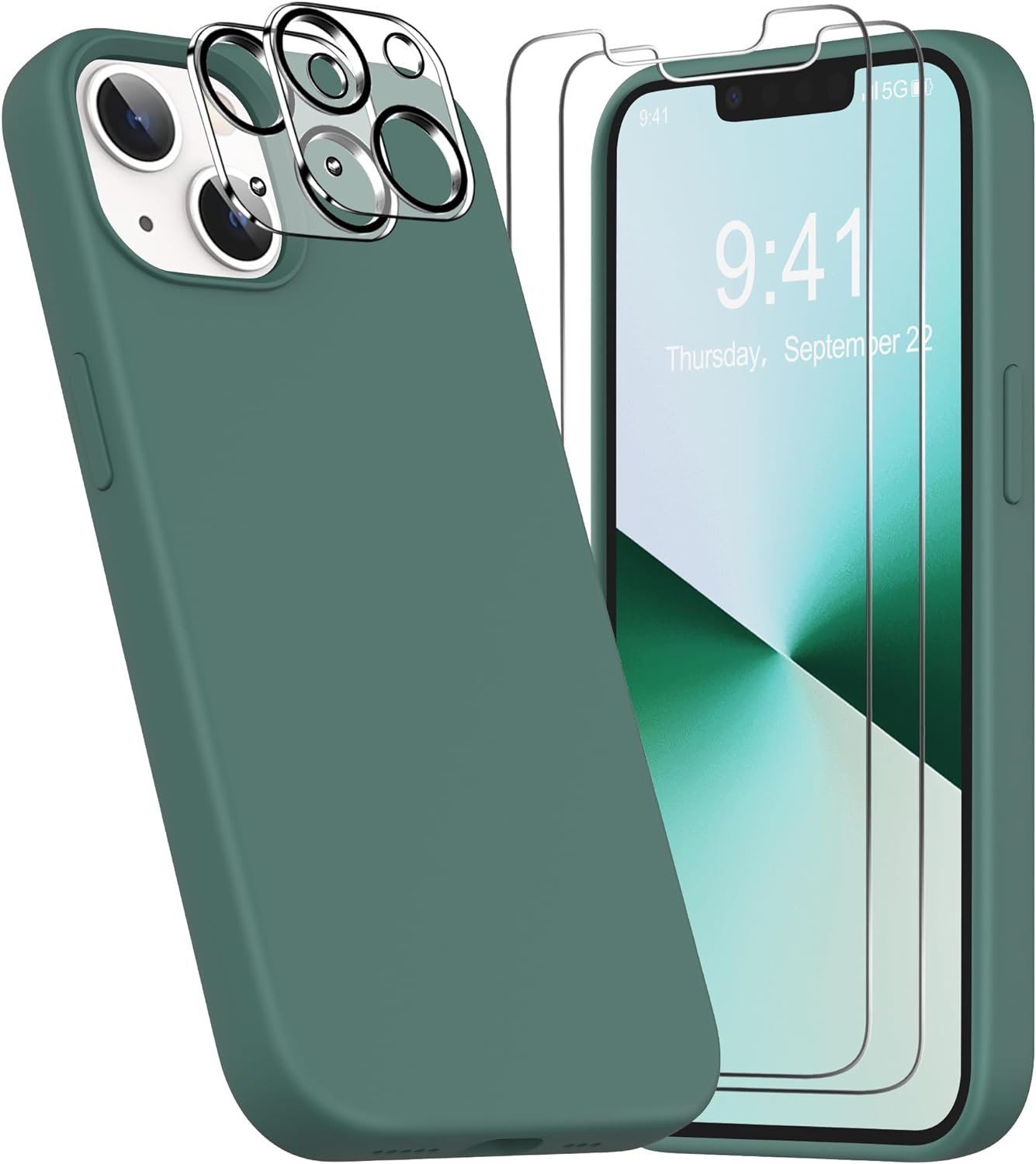 YATWIN [5 in 1 Designed for iPhone 13 Case with 2X Screen Protector + 2X Camera Lens Protector, Liquid Silicone Slim Soft Rubber Shockproof Phone Case Cover for iPhone 13 (6.1") - Pine Green - Image 2