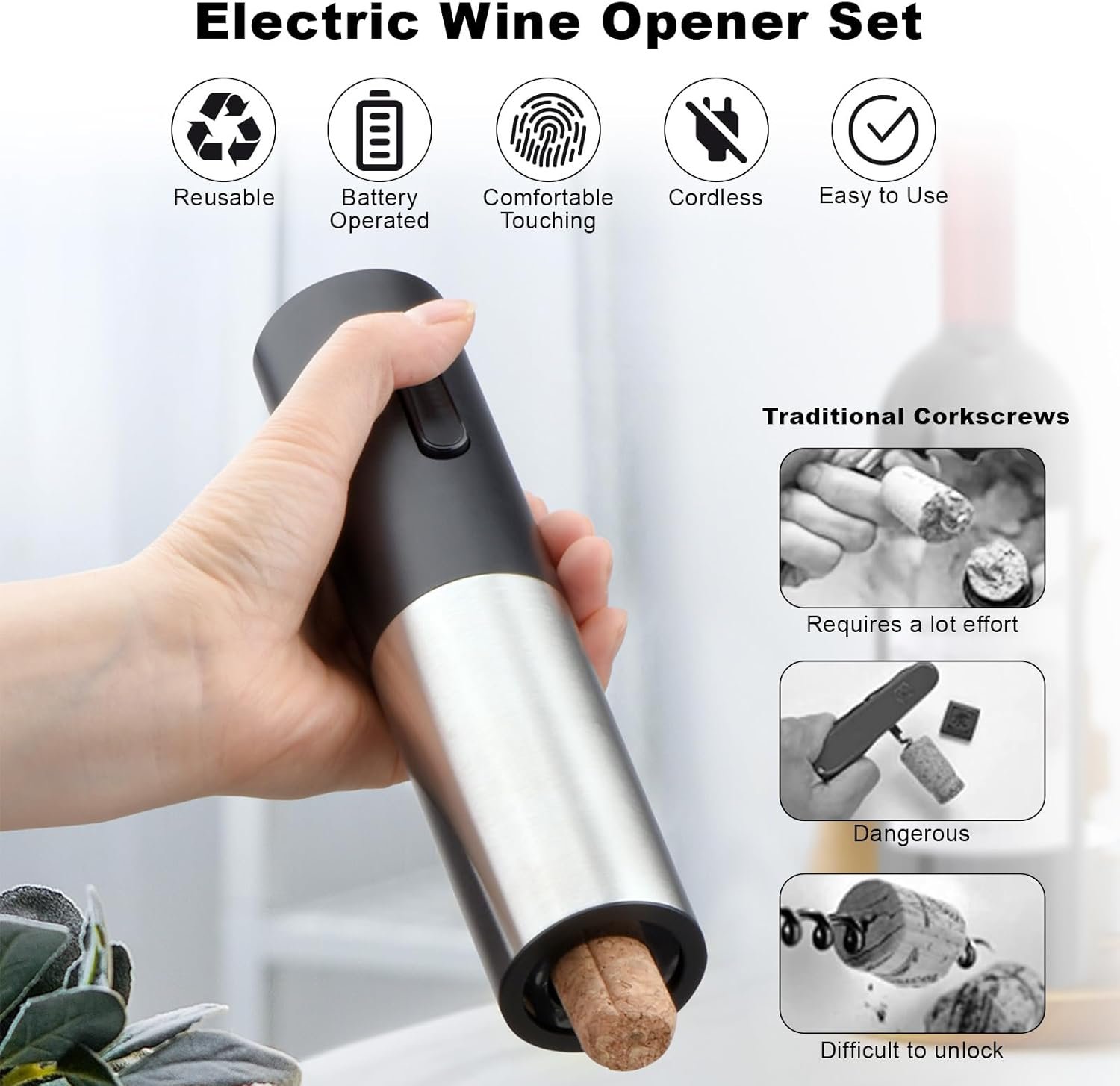 COKUNST Electric Wine Opener Set with Stand, Battery Operated Corkscrews Wine Bottle Openers with Foil Cutter, Wine Pourer, Vacuum Stoppers, Automatic Wine Opener Stainless Steel for Kitchen Party - Image 6