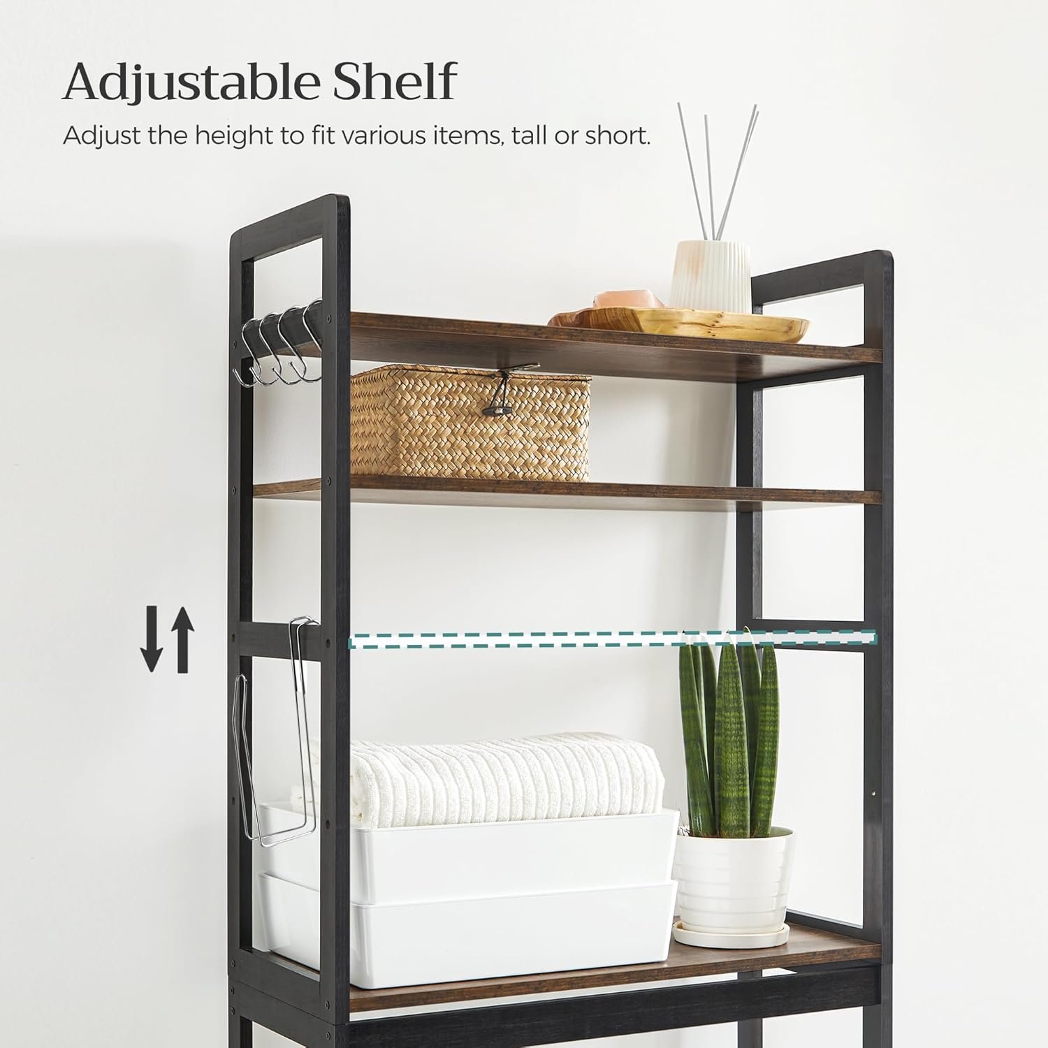 SONGMICS Over-The-Toilet Storage, 3-Tier Bathroom Organizer Over Toilet with Adjustable Shelves, Hooks, Toilet Paper Holder, Multifunctional Bathroom Shelf, Rustic Brown and Ink Black UBTS012B01 - Image 7