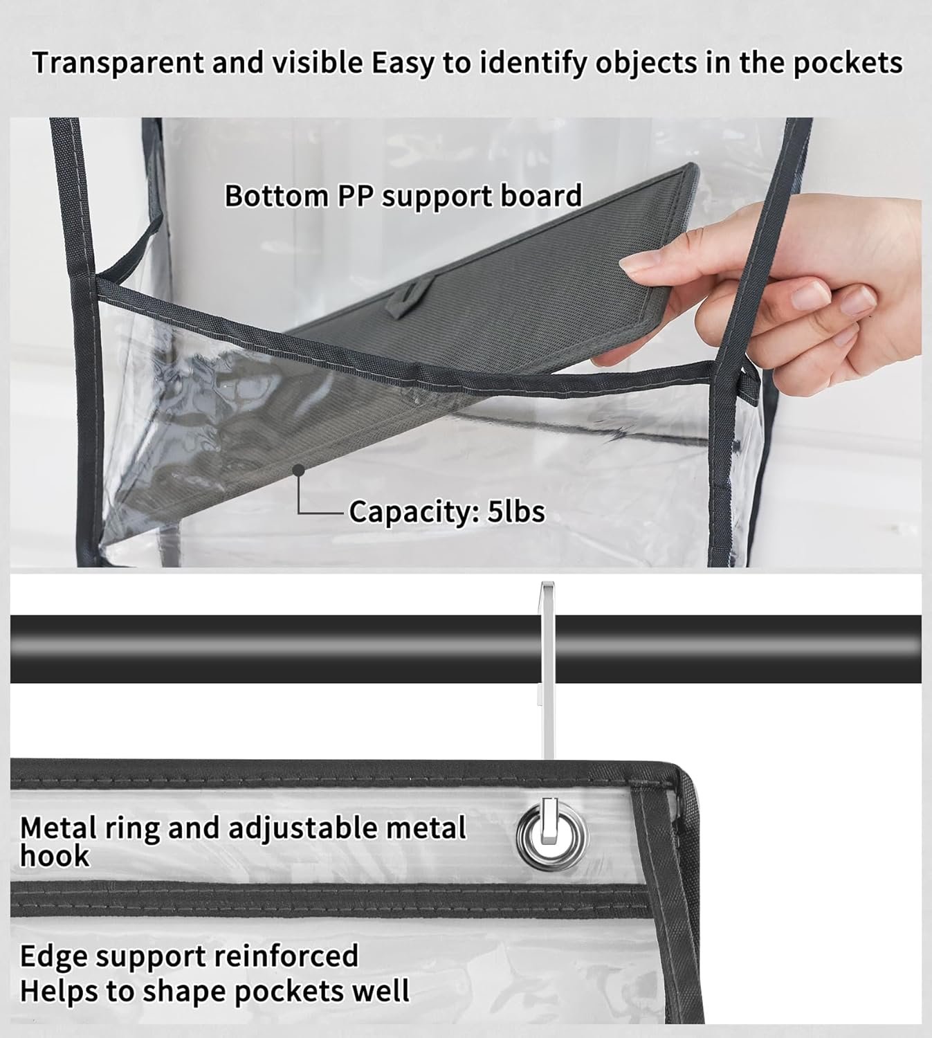 Fixwal Over The Door Hanging Pantry Organizer 5-Shelf Room Organizer with Clear Plastic Pockets Behind The Door Storage Organizer Large Capacity Organizer for Closet Bedroom Bathroom (Grey) - Image 5