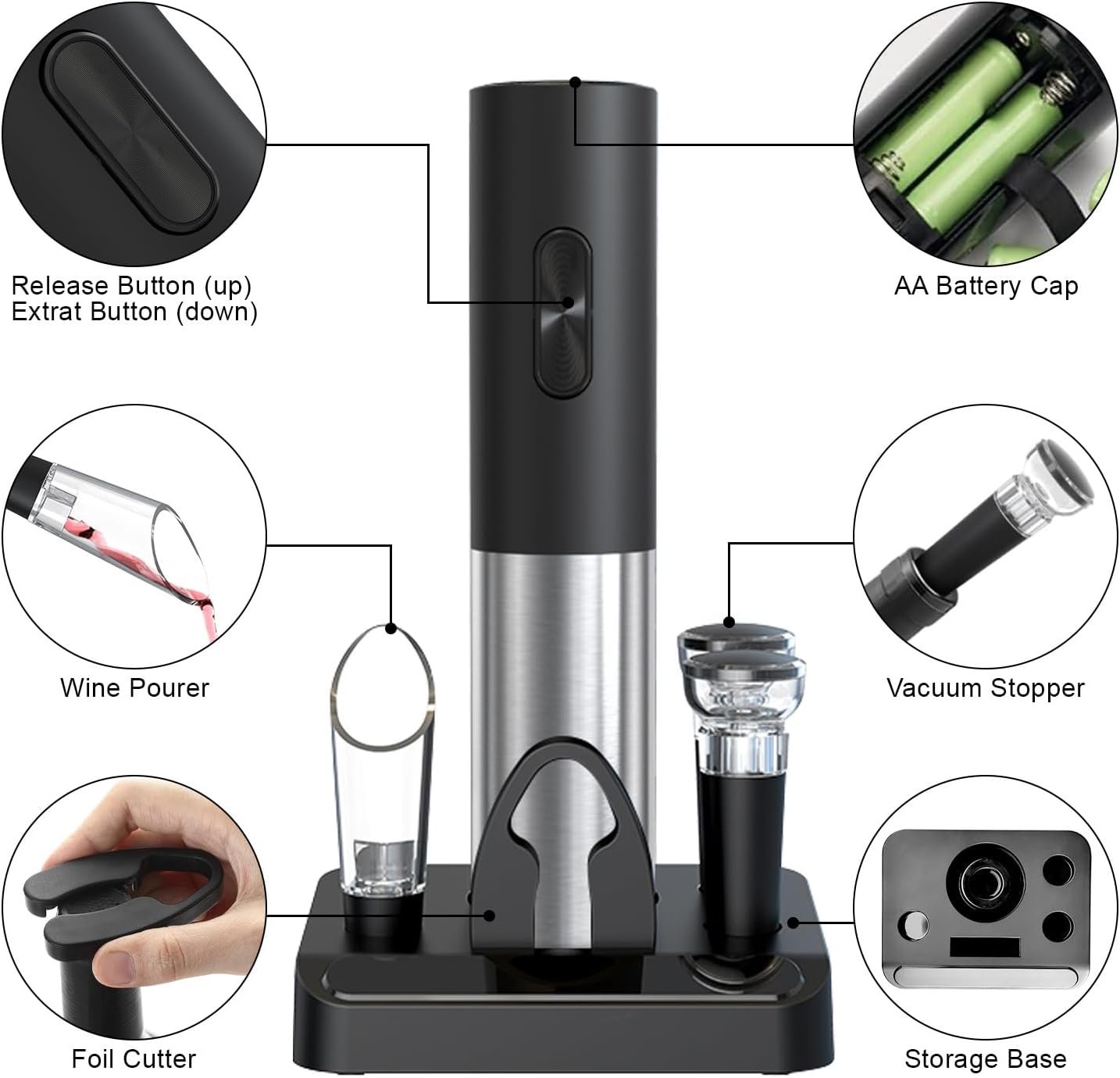 COKUNST Electric Wine Opener Set with Stand, Battery Operated Corkscrews Wine Bottle Openers with Foil Cutter, Wine Pourer, Vacuum Stoppers, Automatic Wine Opener Stainless Steel for Kitchen Party - Image 3