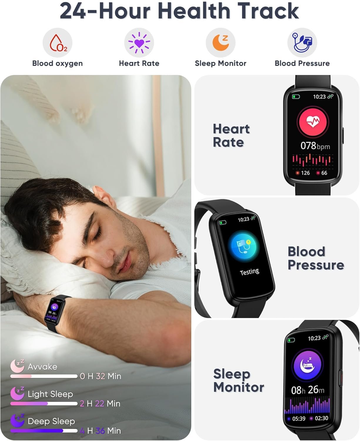 Smart Watch, 1.47" Health Fitness Tracker with 24/7 Heart Rate,Blood Pressure,Blood Oxygen Monitor,Sleep Tracker,Pedometer, IP68 Waterproof Activity Trackers Compatible with Android&iPhone Women Men - Image 3