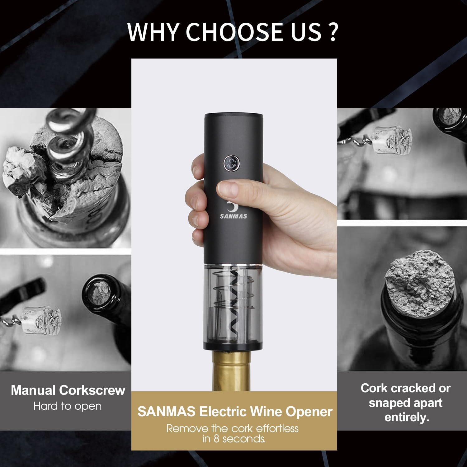 SANMAS Electric Wine Bottle Opener Set, Rechargable Automatic Corkscrew Opener with Foil Cutter Wine Stopper Vacuum Wine Aerator Pourer for Wine Lover Gift - Image 6