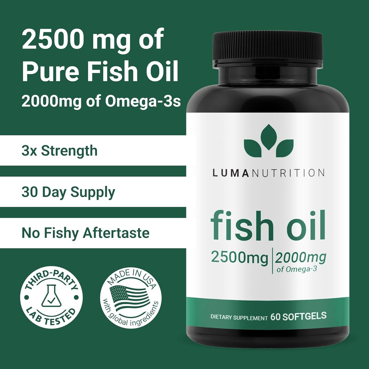 Luma Nutrition Omega 3 Fish Oil Supplement - Extra Strength 2500mg - 2000mg EPA & DHA - Brain and Heart Health - 60 Softgels - Image 3