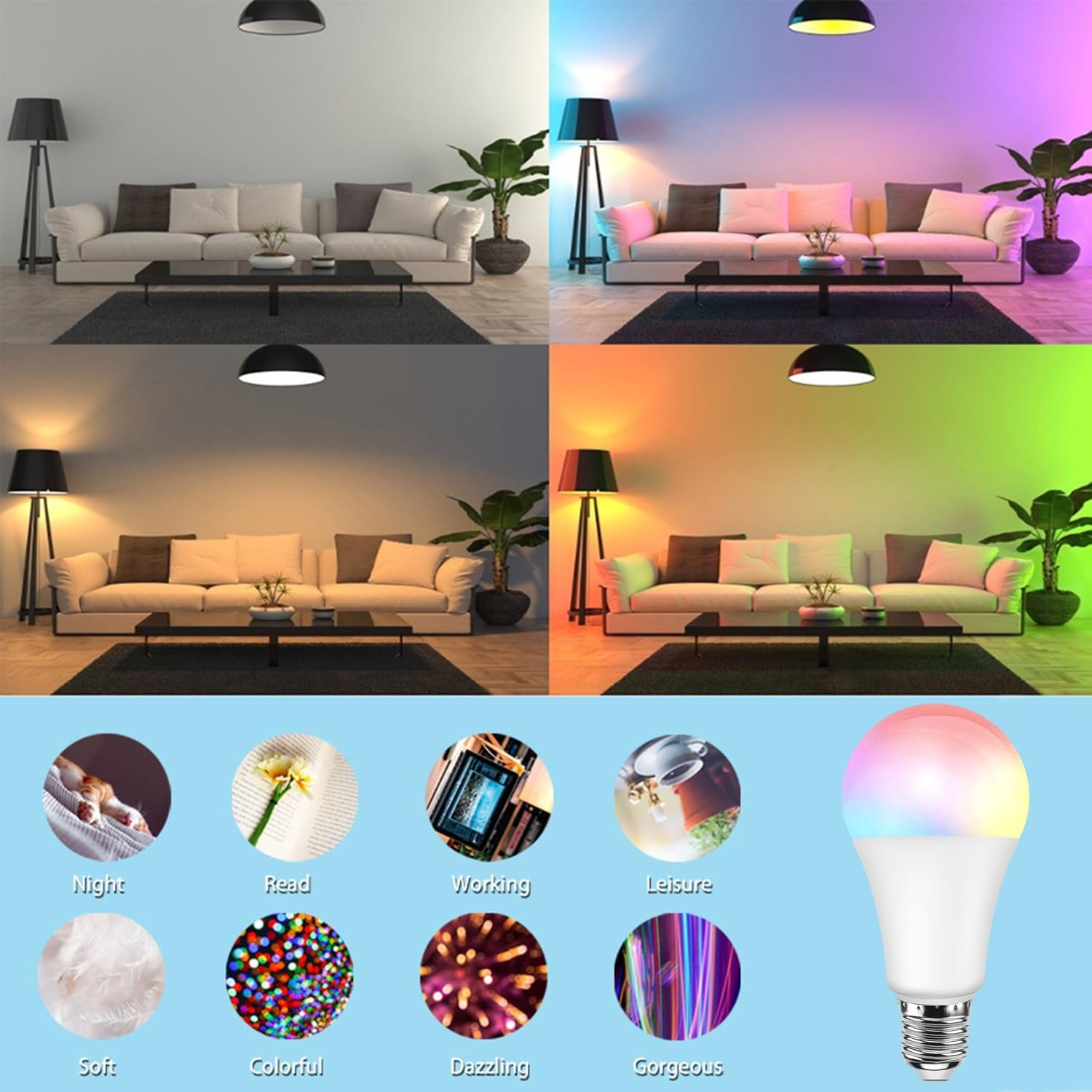 Smart Light Bulbs,Bluetooth Color Changing Light Bulbs That Work with tuya APP, RGB Warm Light A19 9W E27 800LM LED Light Bulb,Music Sync,Dimmable 16 Million Colours RGB Light Bulbs - Image 5