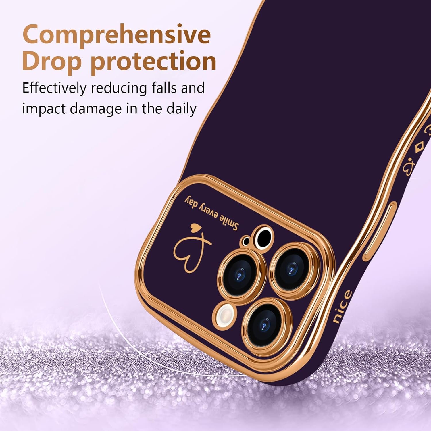 LCHULLE for iPhone 15 Pro Max Case for Women Girls, Cute Wave Frame Curly Shape with Love Heart Raised Camera Protection Cover Luxury Plating Shockproof Phone Case for iPhone 15 Pro Max, Dark Purple - Image 4