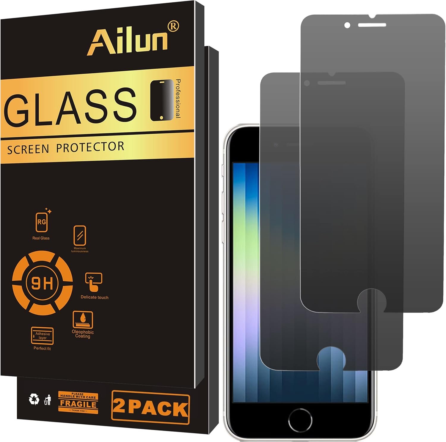 Ailun Privacy Tempered Glass Screen Protector for Apple iPhone SE 2020/2022, 2Pack Anti Spy Private 0.33mm Case Friendly iPhone SE 2nd/3rd Generation - Image 2