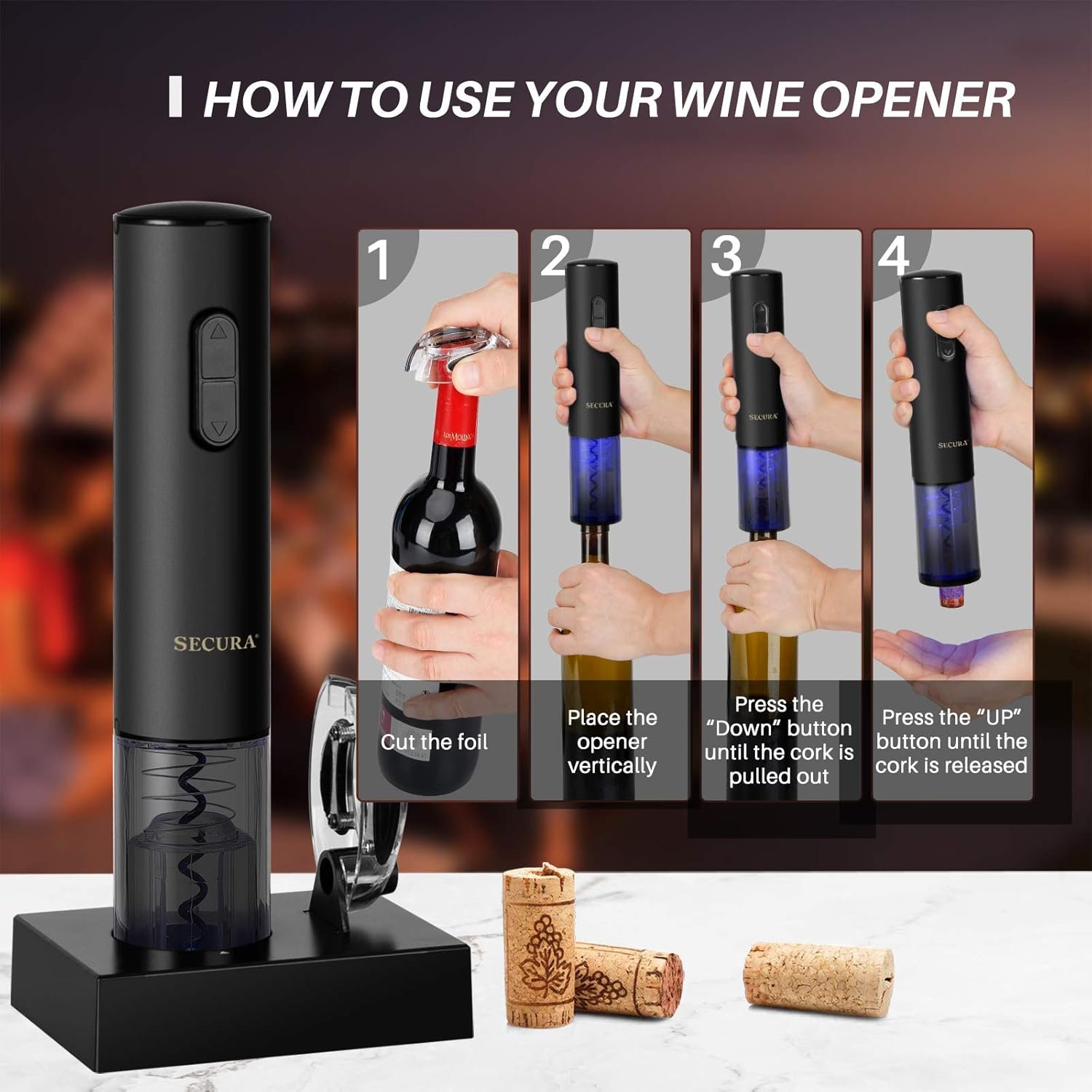 Secura Electric Wine Opener, Automatic Electric Wine Bottle Corkscrew Opener with Foil Cutter, Rechargeable (Black) - Image 4