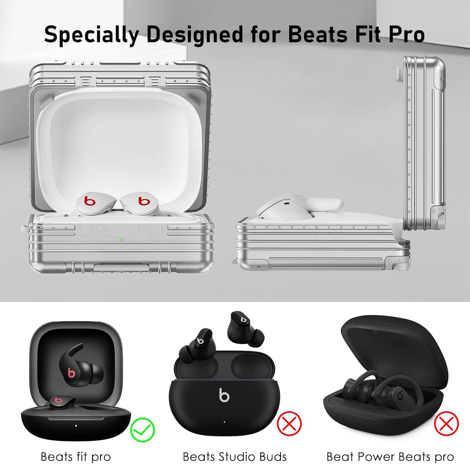 for Beats Fit Pro Case Cover,Fanny Cute Case for Apple Beats Fit Pro 2021 Fashion Suitcase Design Hard Protective Earbuds Case for Women Men with Keychain Accessories-Silver - Image 3